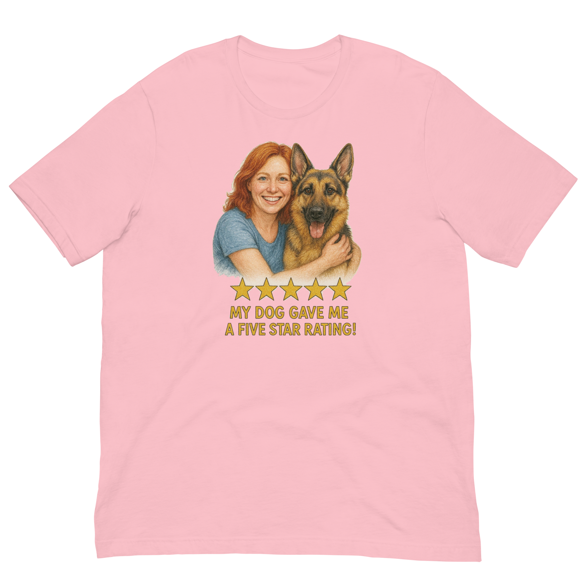Red Hair Woman with German Shepherd graphic tee.