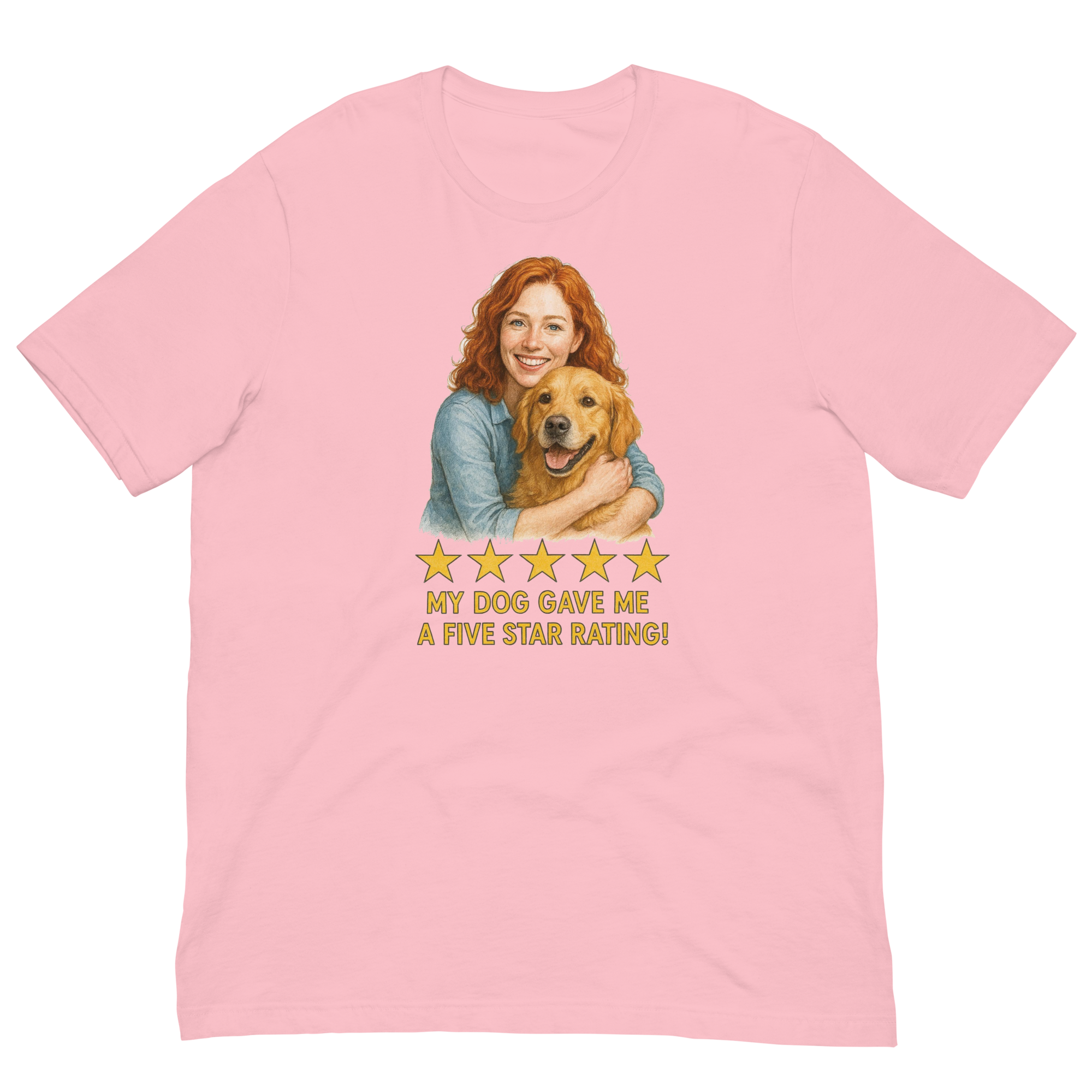 Red Hair Woman with Golden Retriever graphic tee.