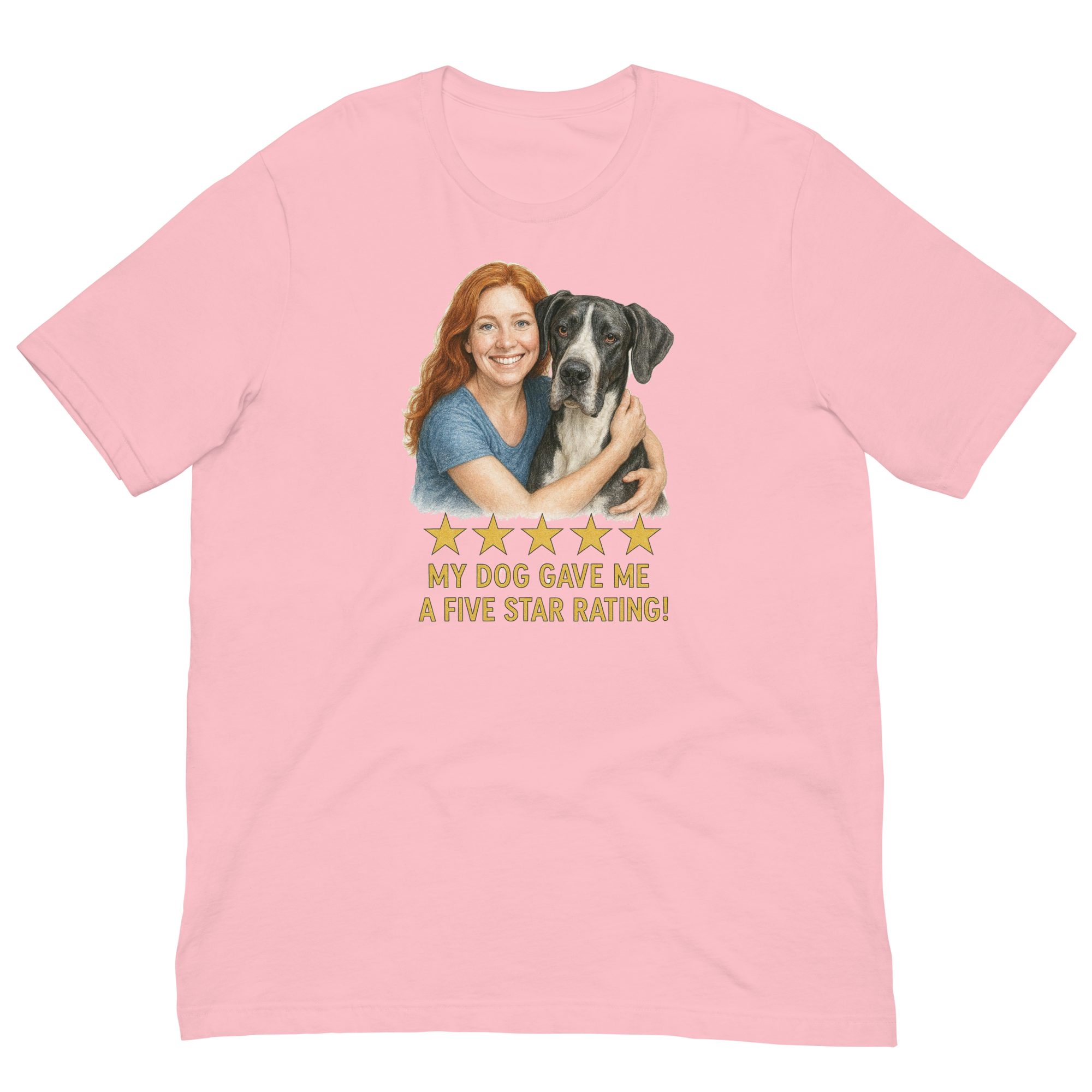 Red Hair Woman with Great Dane graphic tee.
