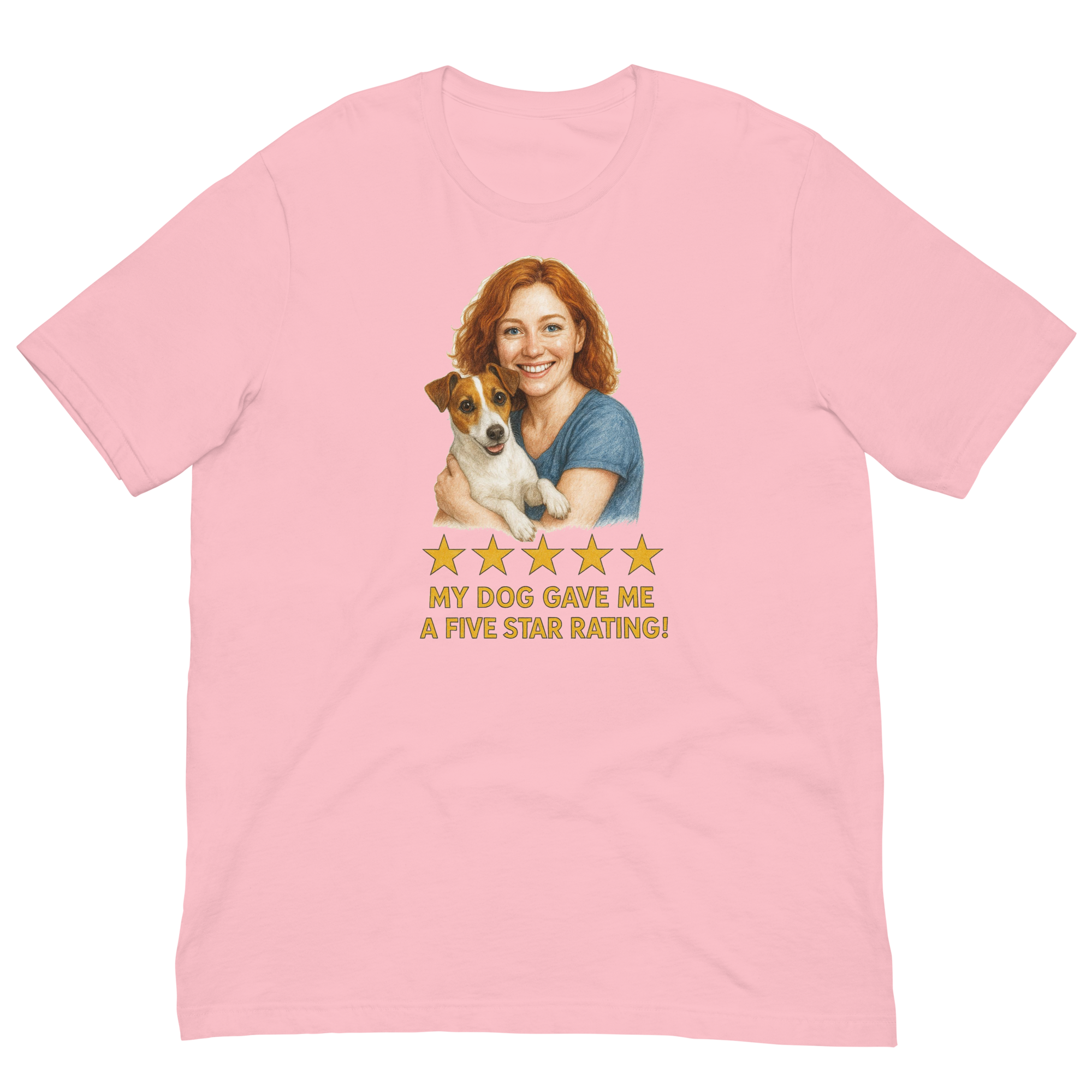 Red Hair Woman with Jack Russell Terrier graphic tee.