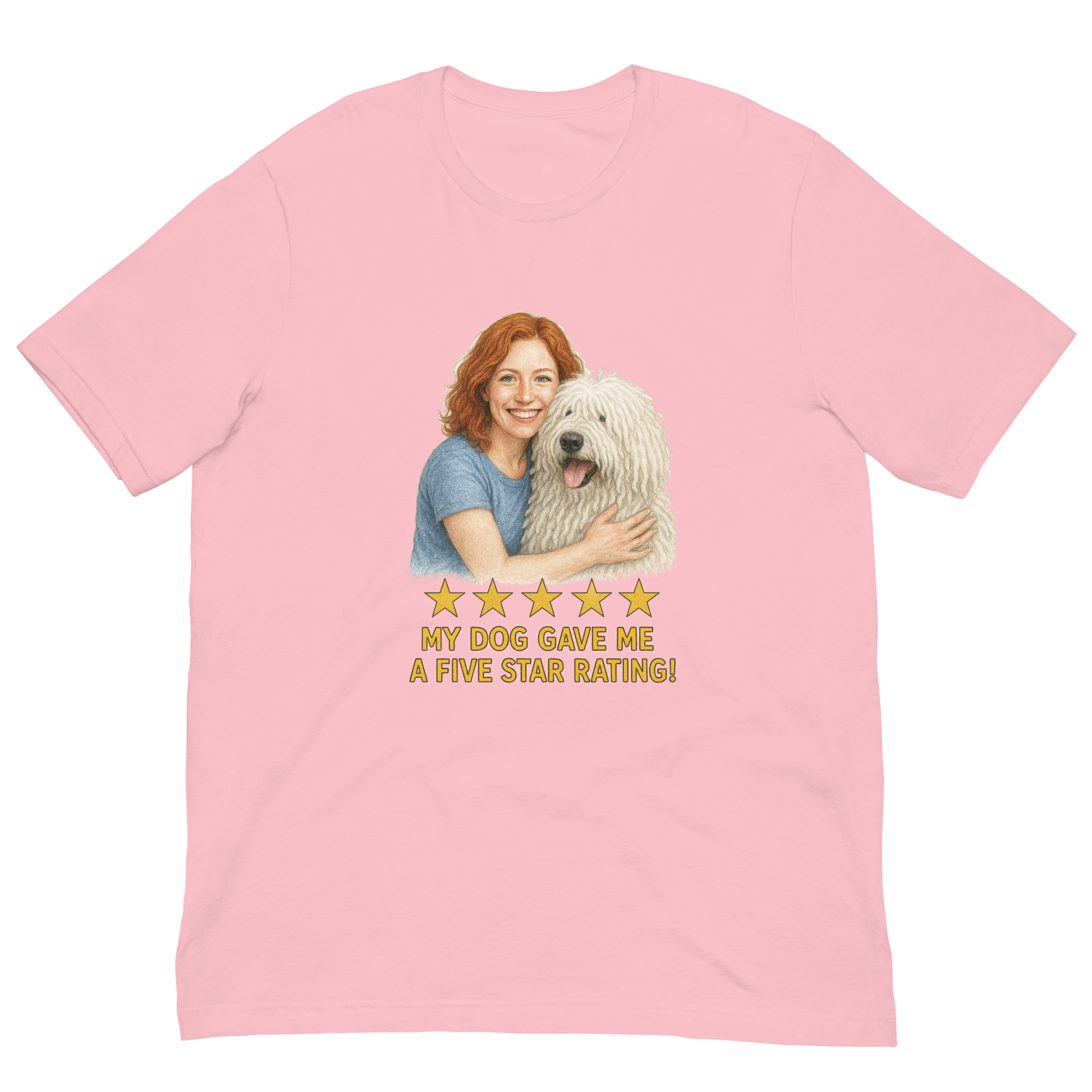 Red Hair Woman with Komondor graphic tee.