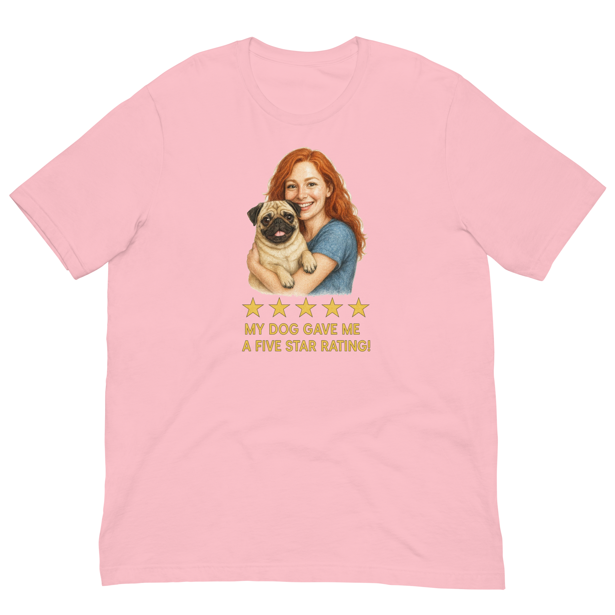 Red Hair Woman with Pug graphic tee.