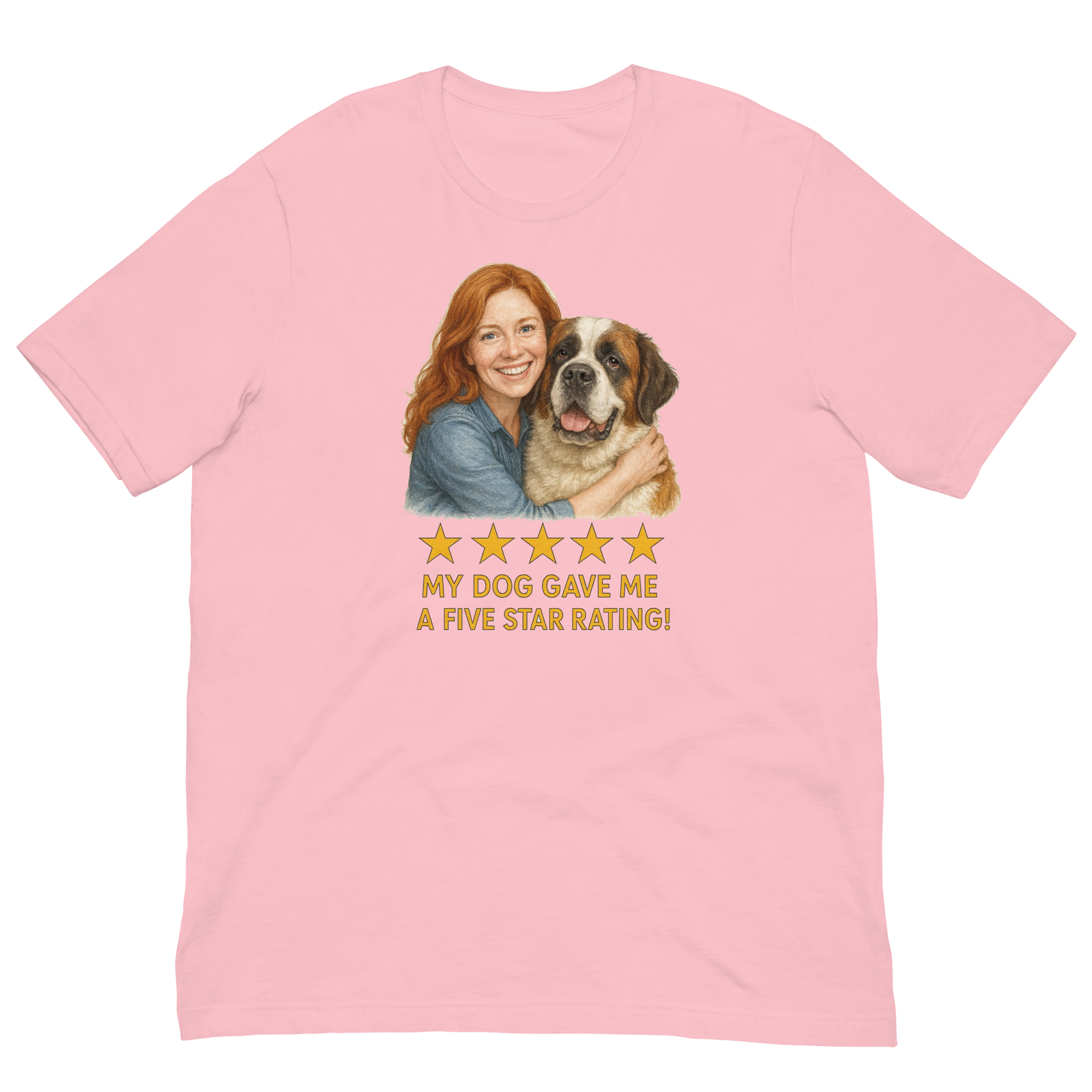 Red Hair Woman with Saint Bernard graphic tee.
