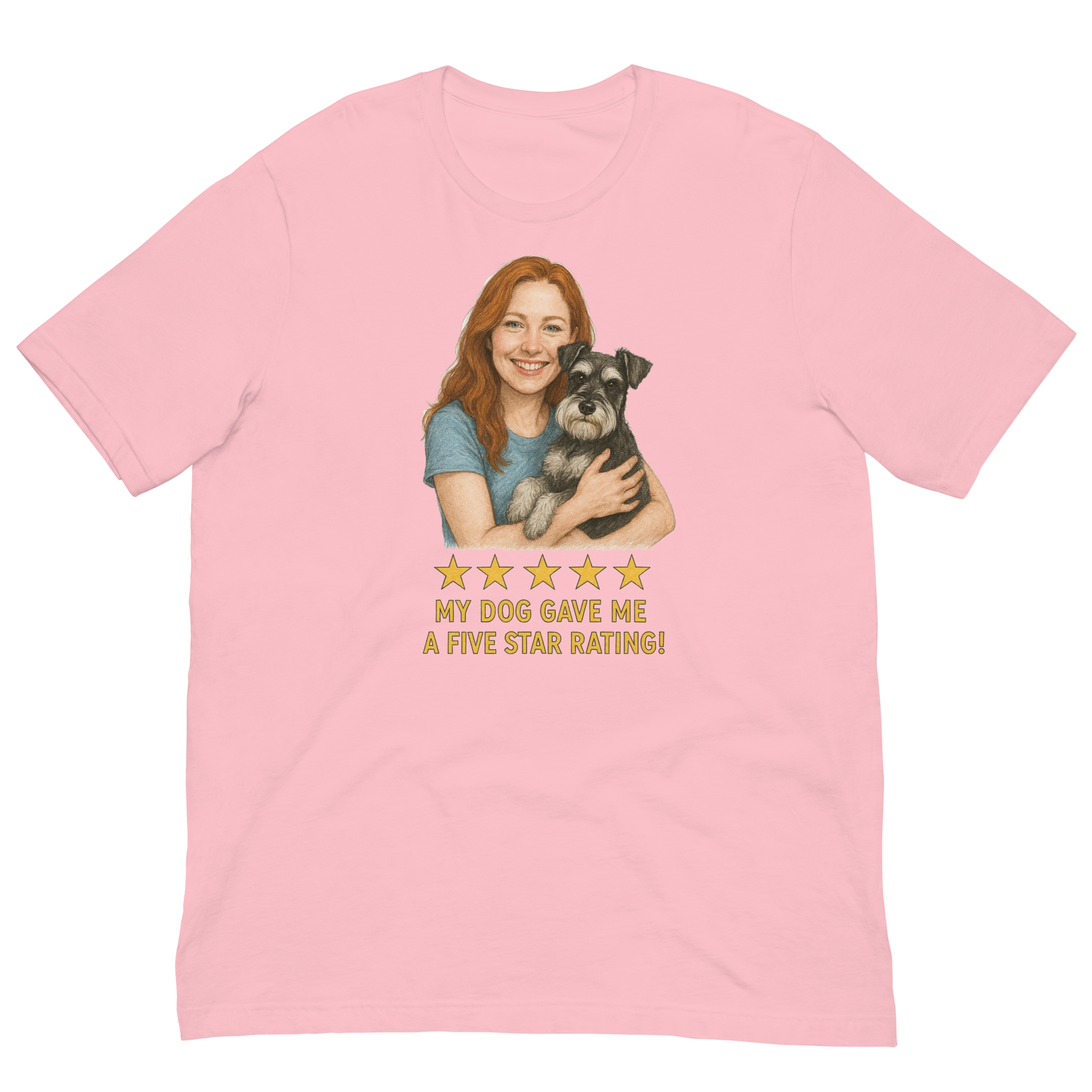 Red Hair Woman with Schnauzer graphic tee.