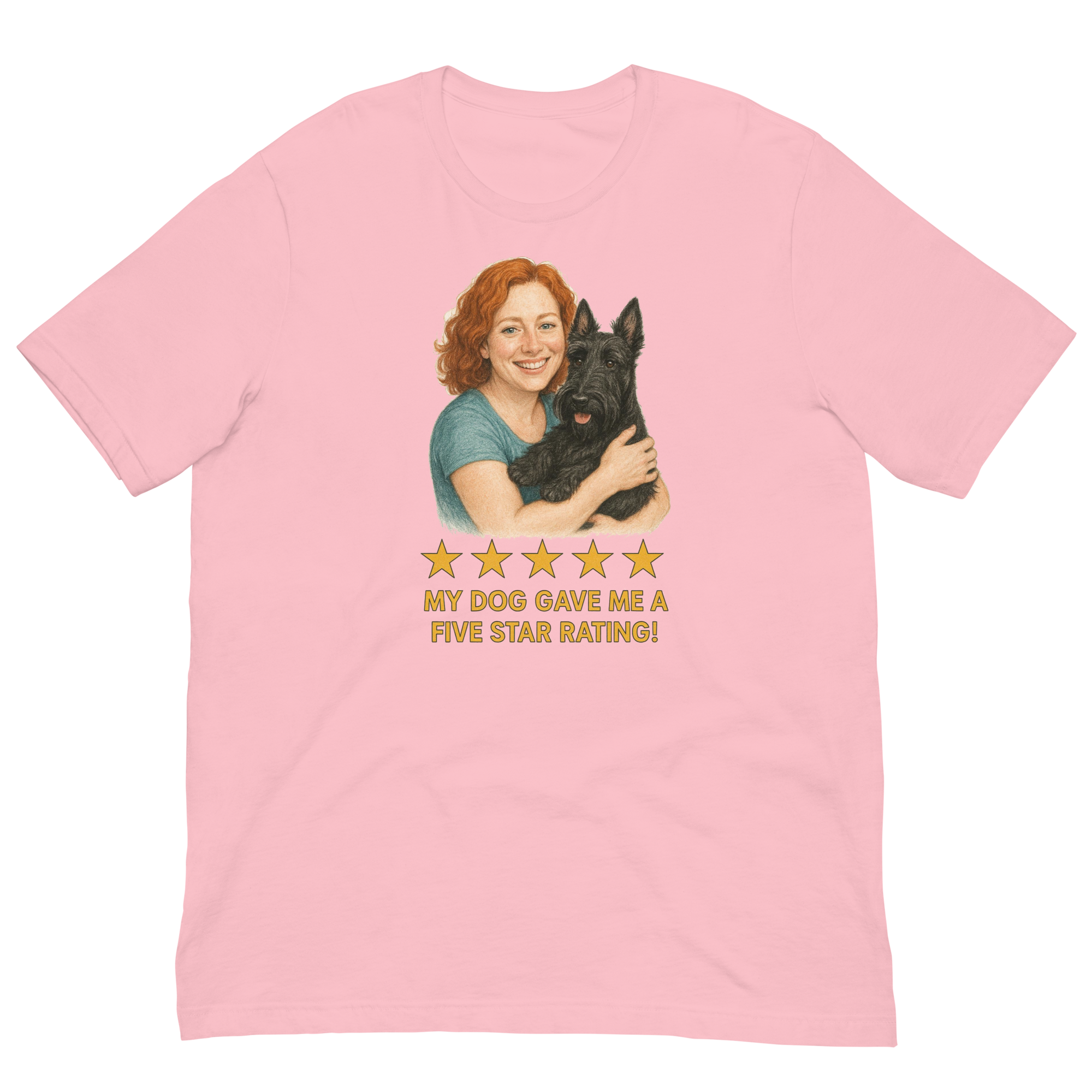 Red Hair Woman with Scottie graphic tee.