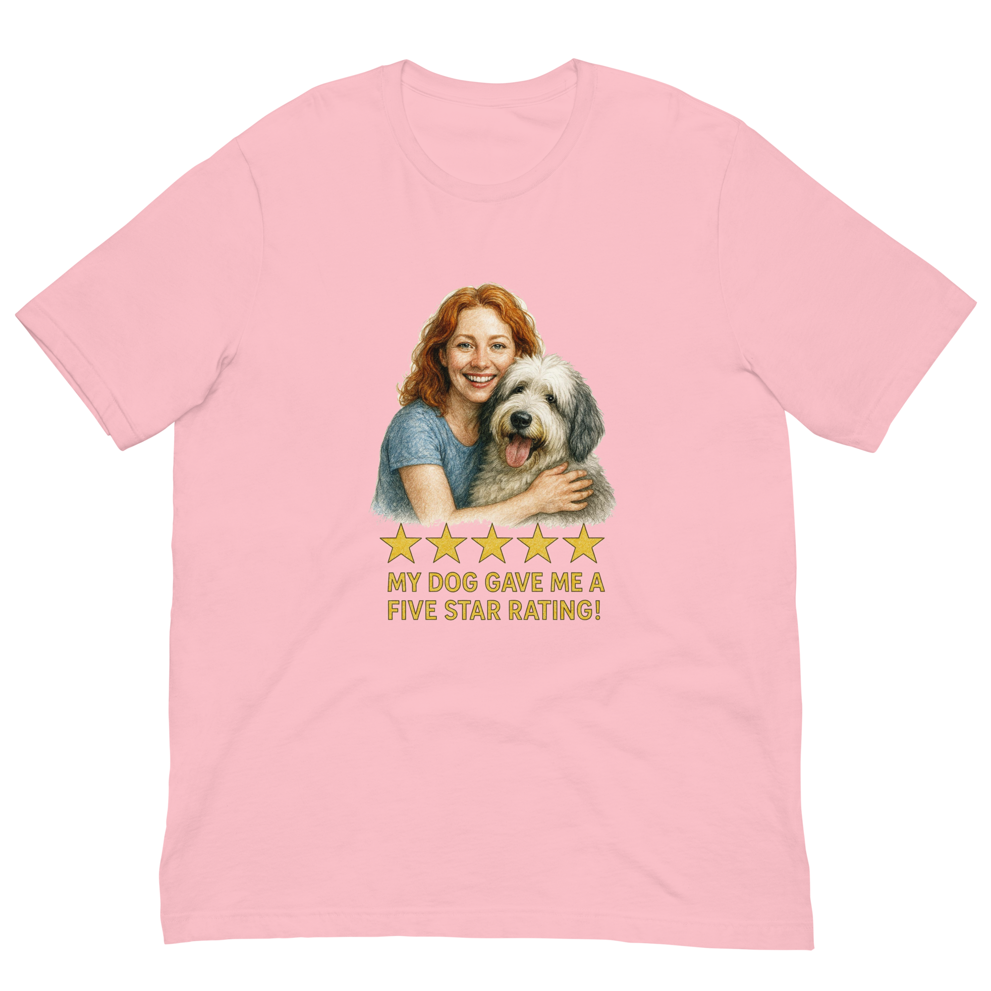 Red Hair Woman with Sheepdog graphic tee.