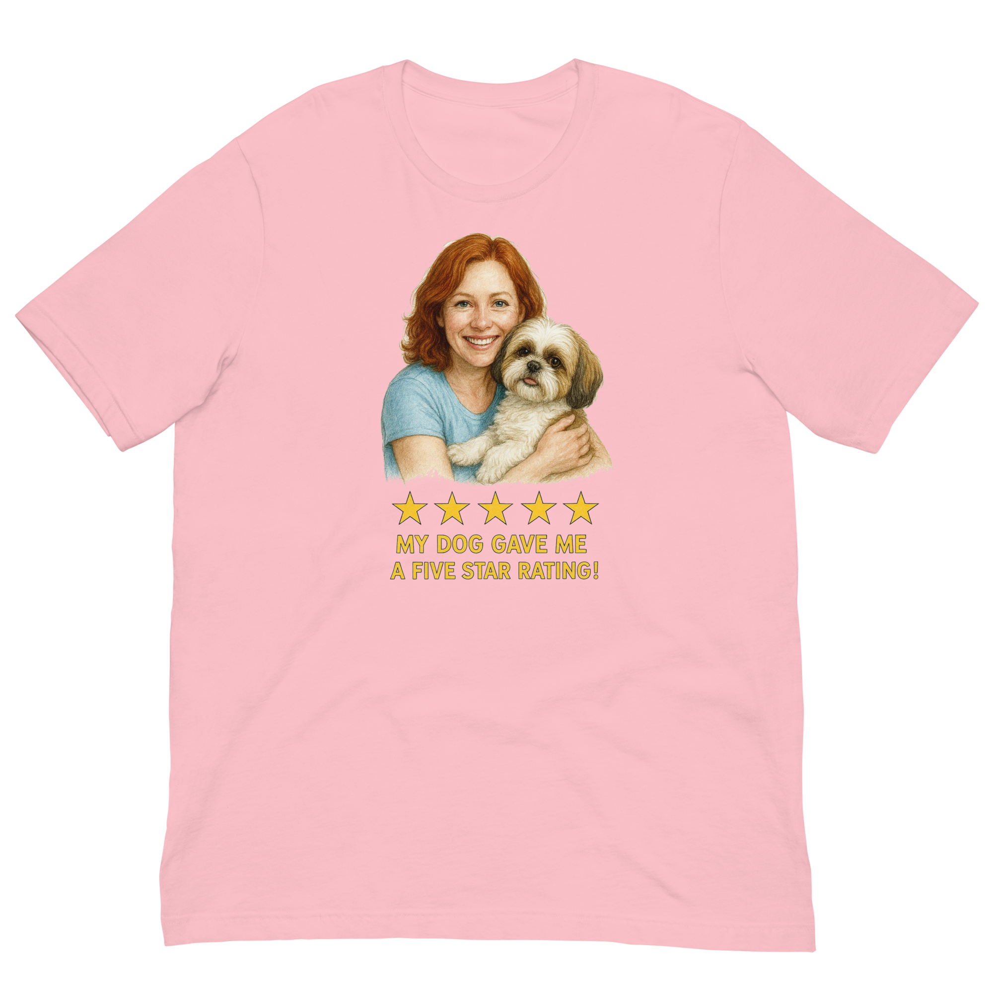 Red Hair Woman with Shih Tzu graphic tee.