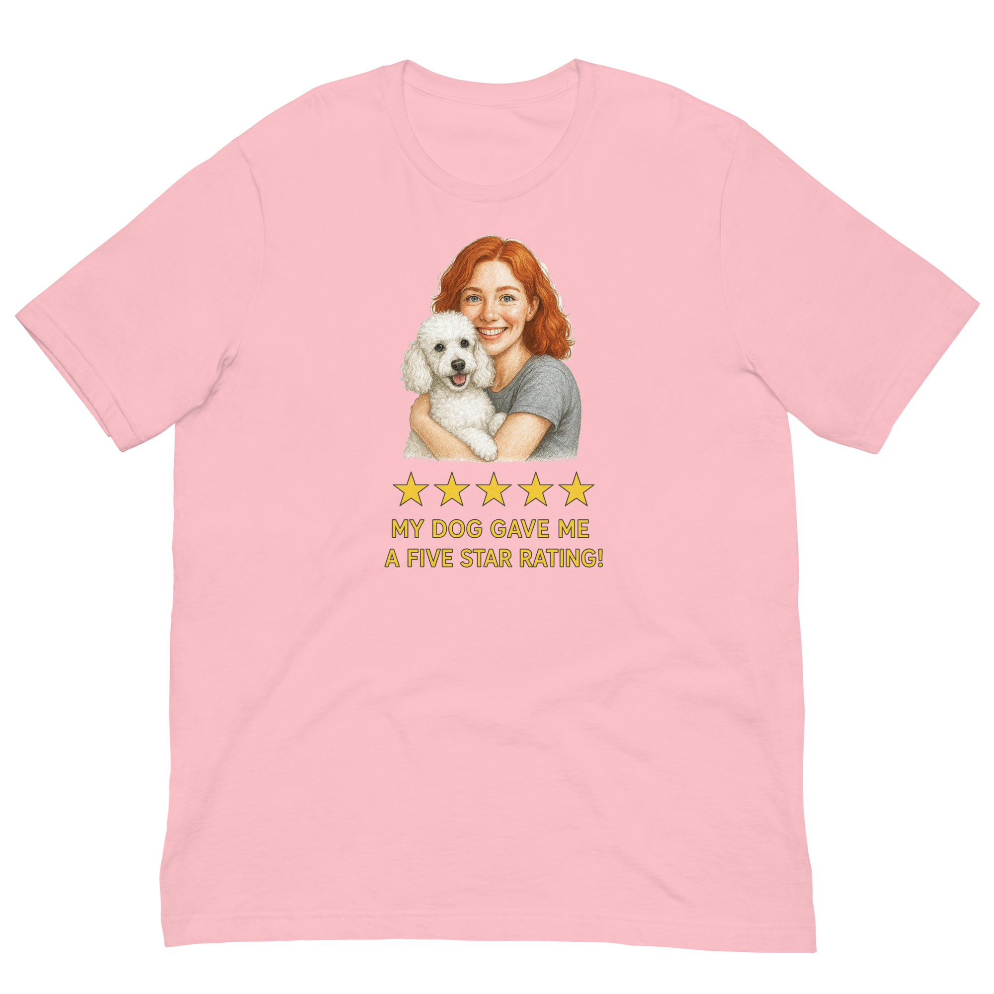 Red Hair Woman with White Poodle graphic tee.