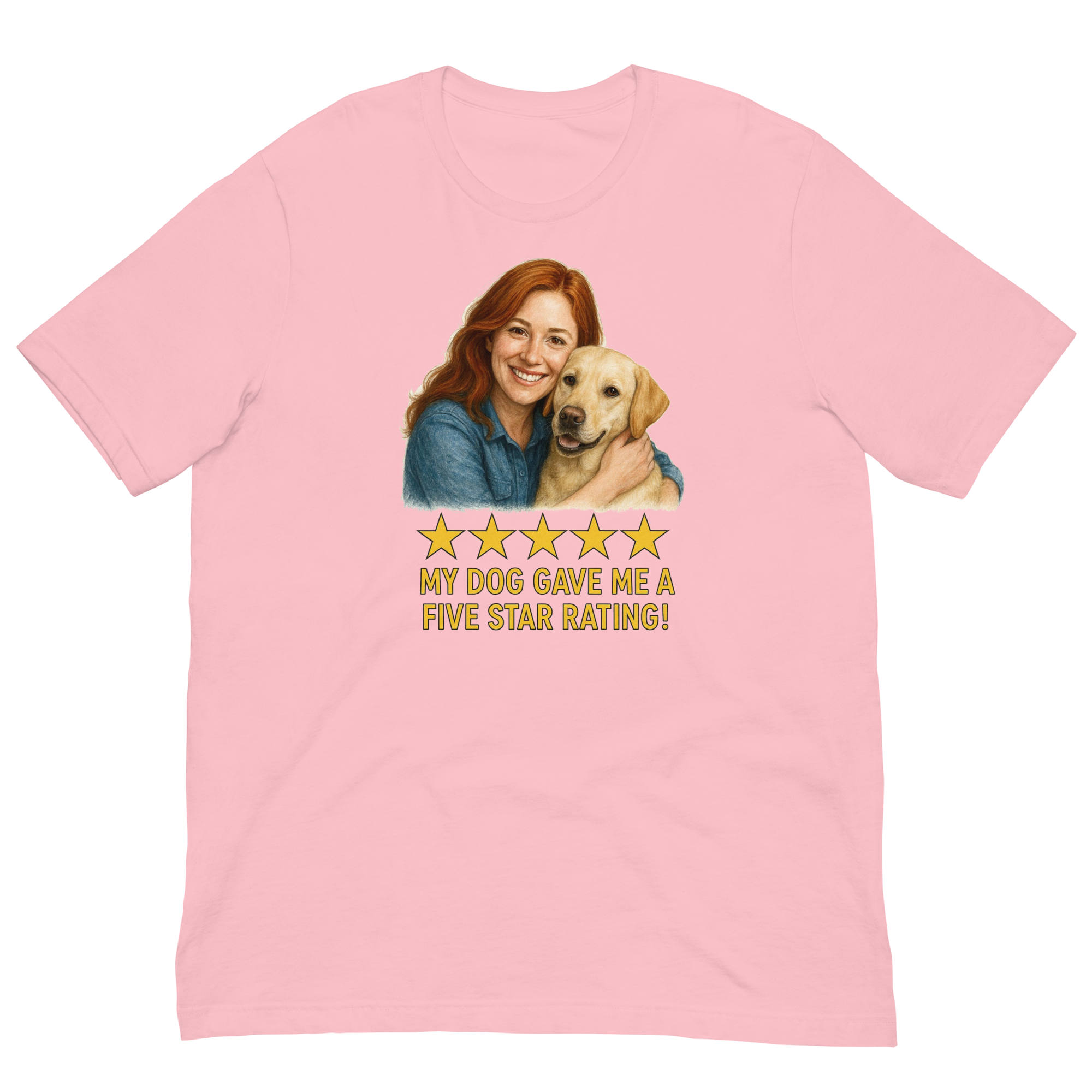 Red Hair Woman with Yellow Labrador graphic tee.