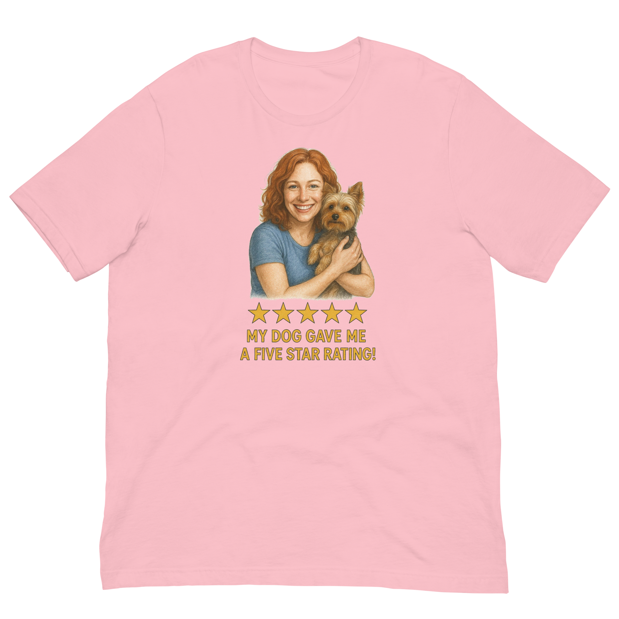 Red Hair Woman with Yorkie graphic tee.
