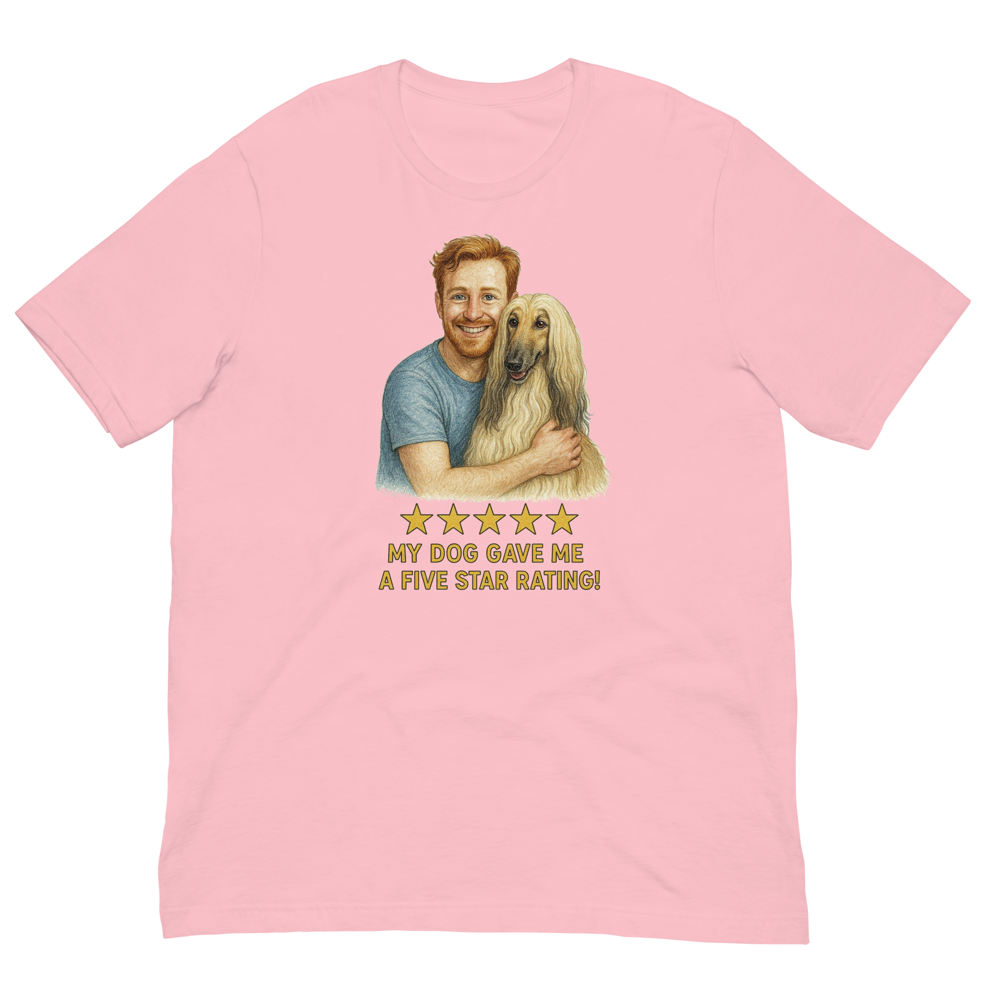 Red Hair Man with Afghan Hound graphic tee.