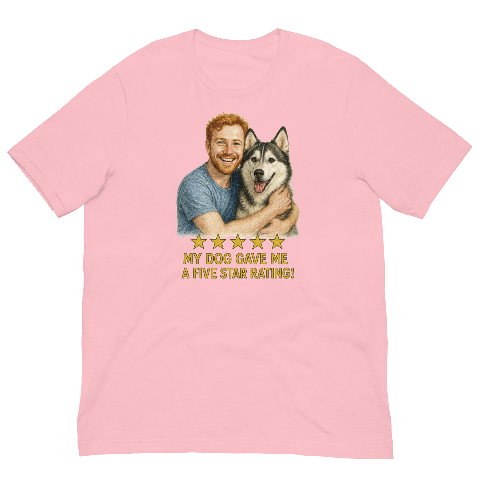 Red Hair Man with Alaskan Husky graphic tee.