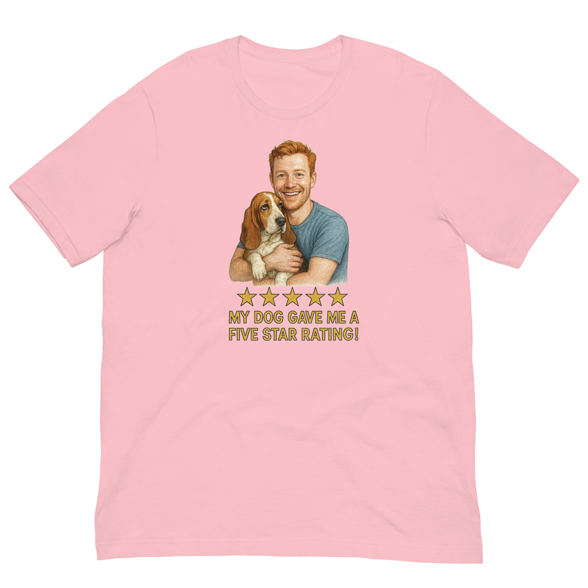 Red Hair Man with Basset Hound graphic tee.