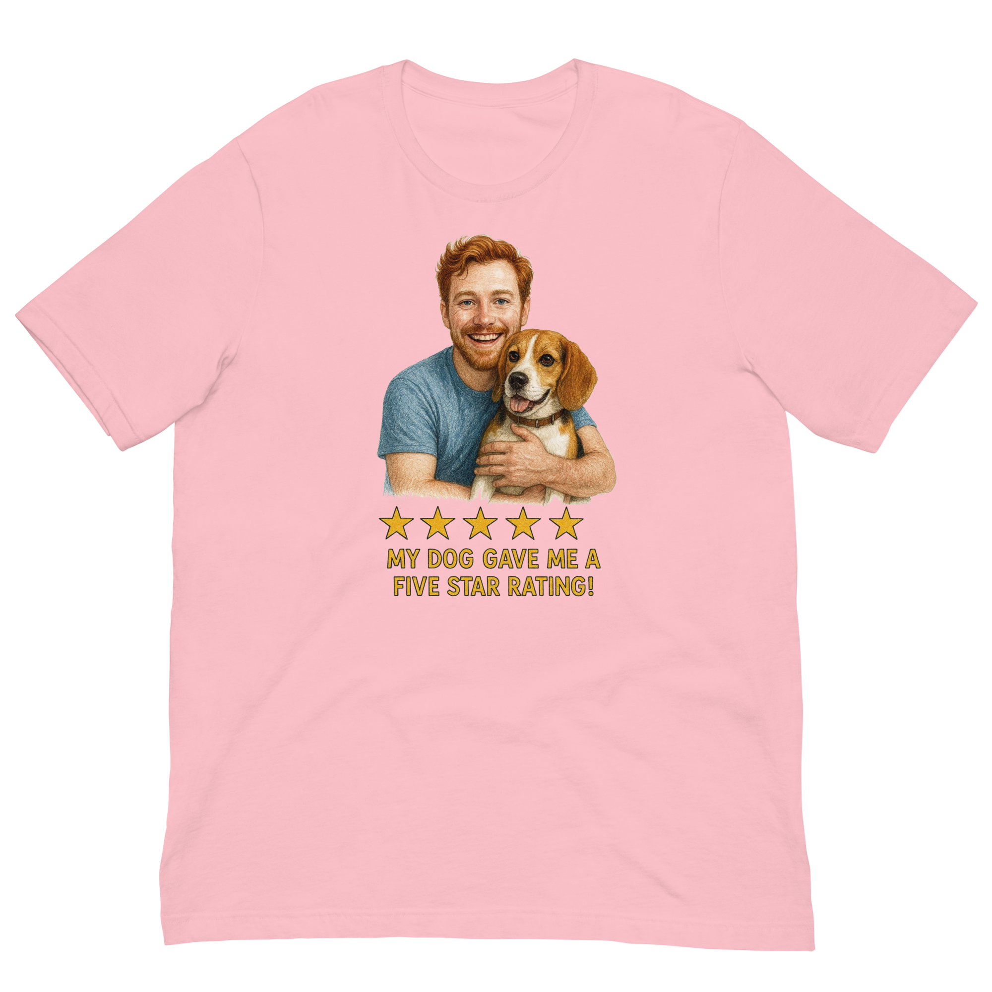 Red Hair Man with Beagle graphic tee.