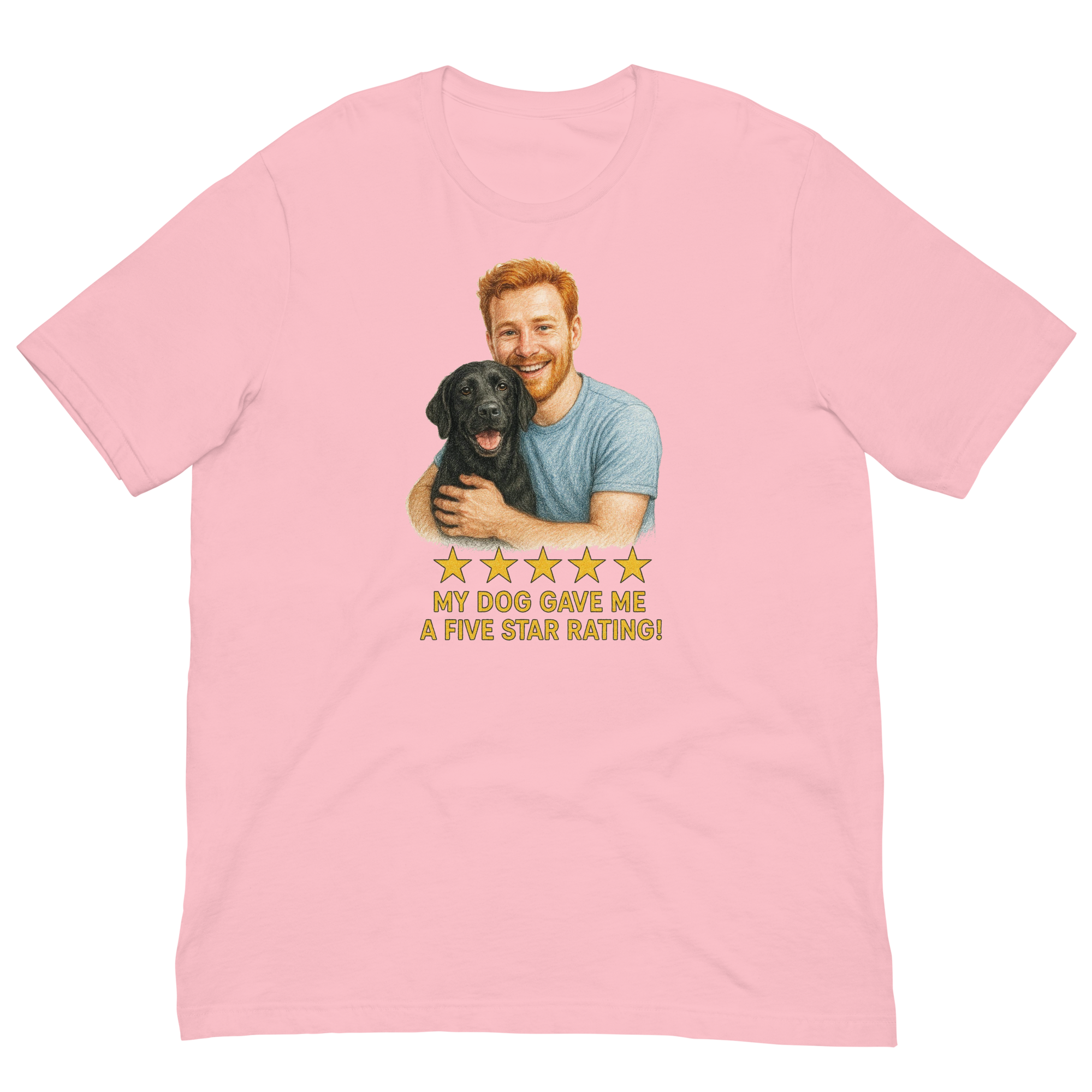 Red Hair Man with Black Labrador graphic tee.
