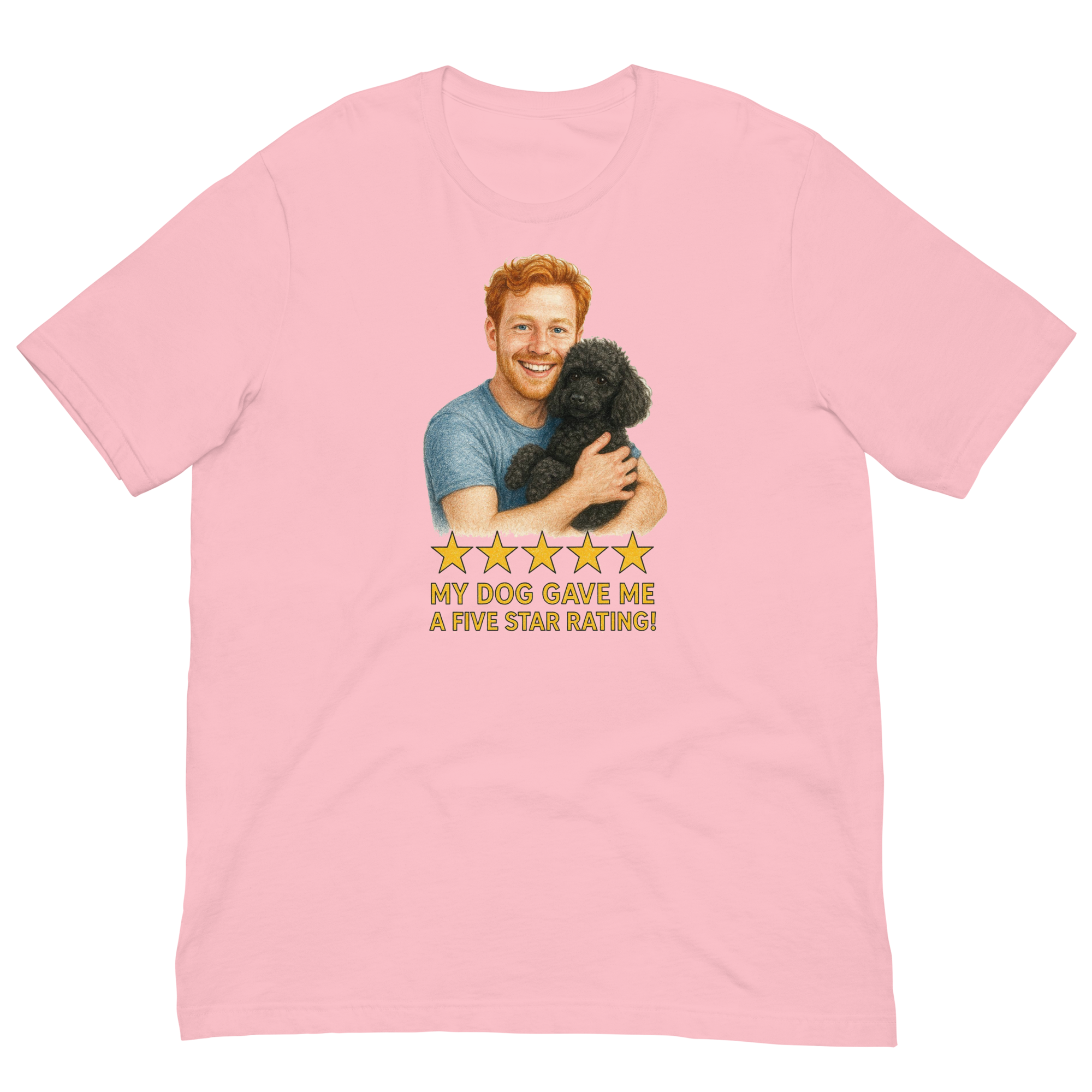 Red Hair Man with Black Poodle graphic tee.