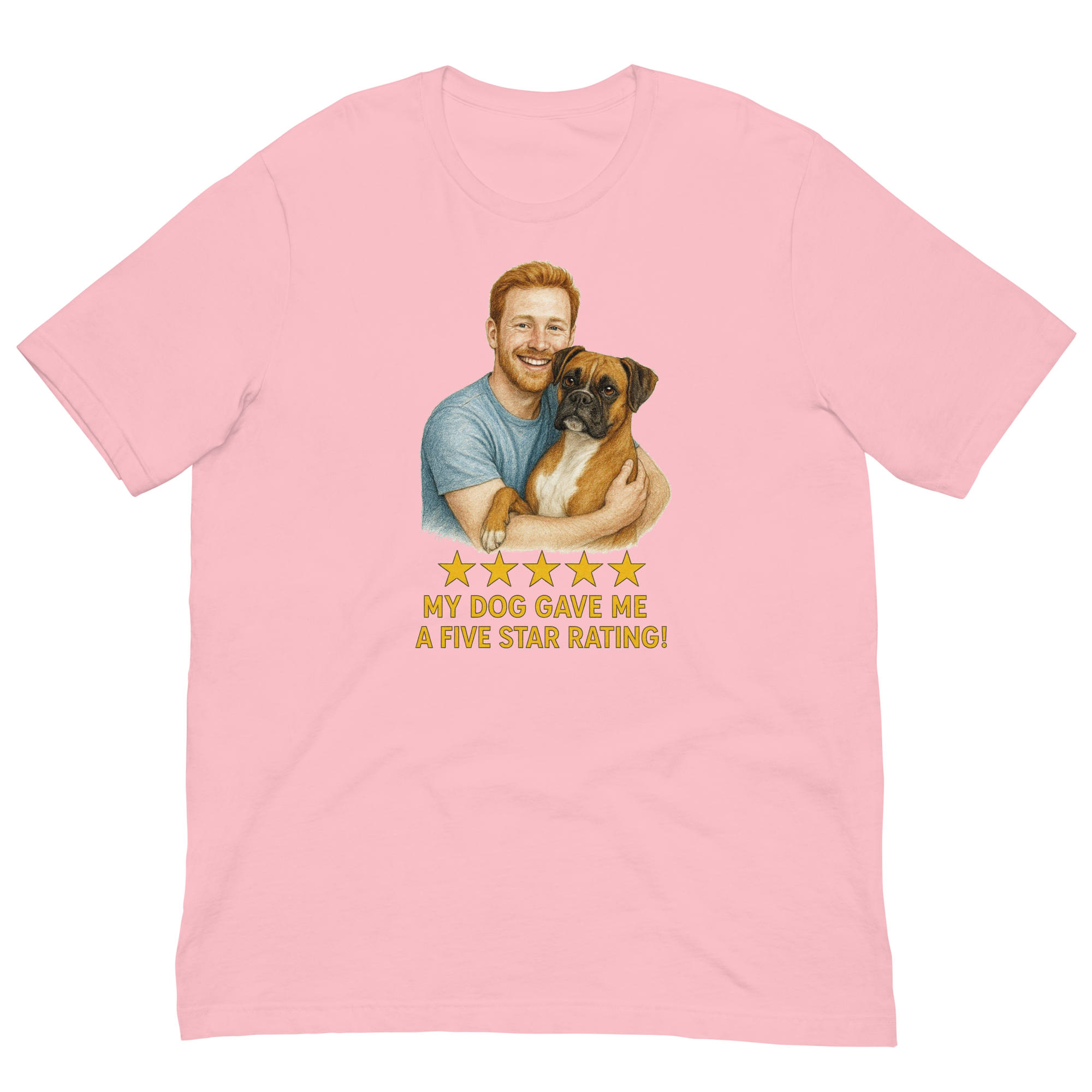 Red Hair Man with Boxer graphic tee.