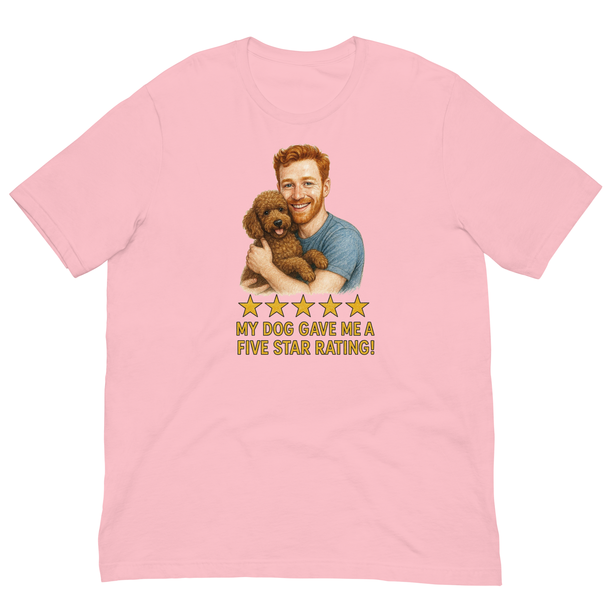 Red Hair Man with Brown Poodle graphic tee.