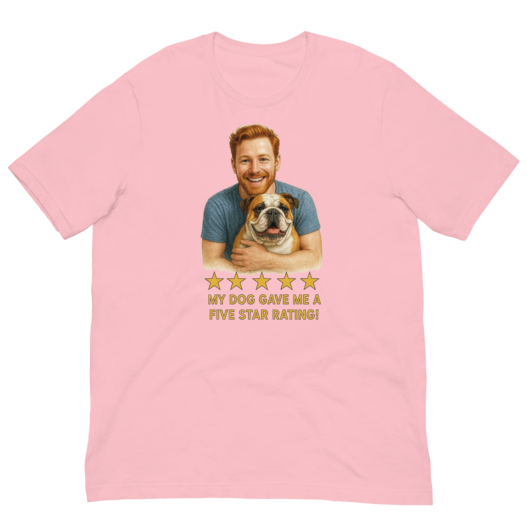 Red Hair Man with Bulldog graphic tee.