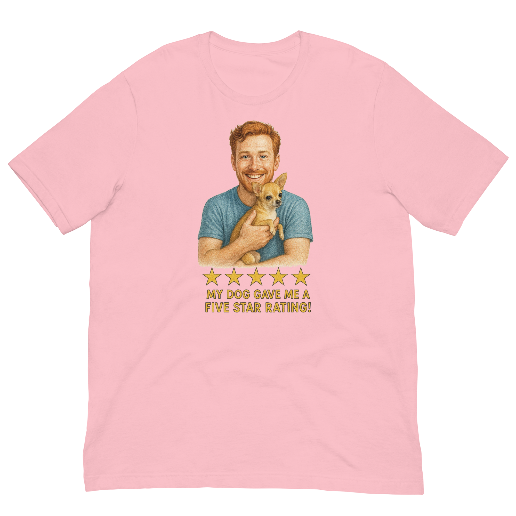 Red Hair Man with Chihuahua graphic tee.