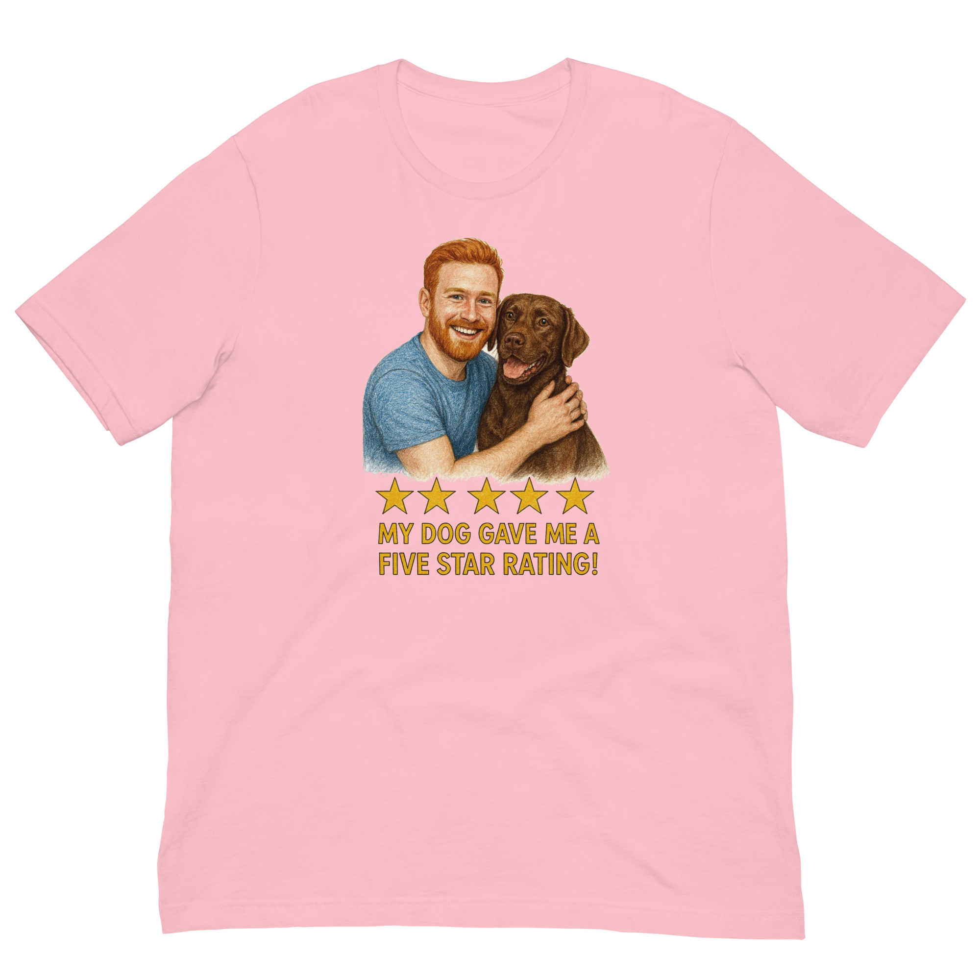 Red Hair Man with Chocolate Labrador graphic tee.