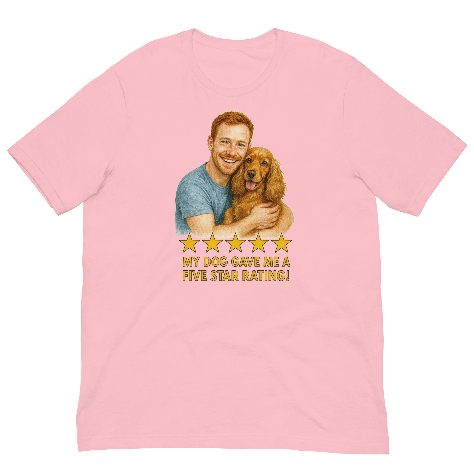 Red Hair Man with Cocker Spaniel graphic tee.