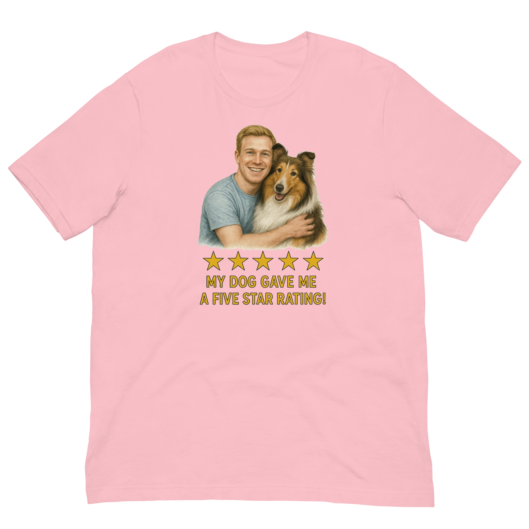 Red Hair Man with Collie graphic tee.