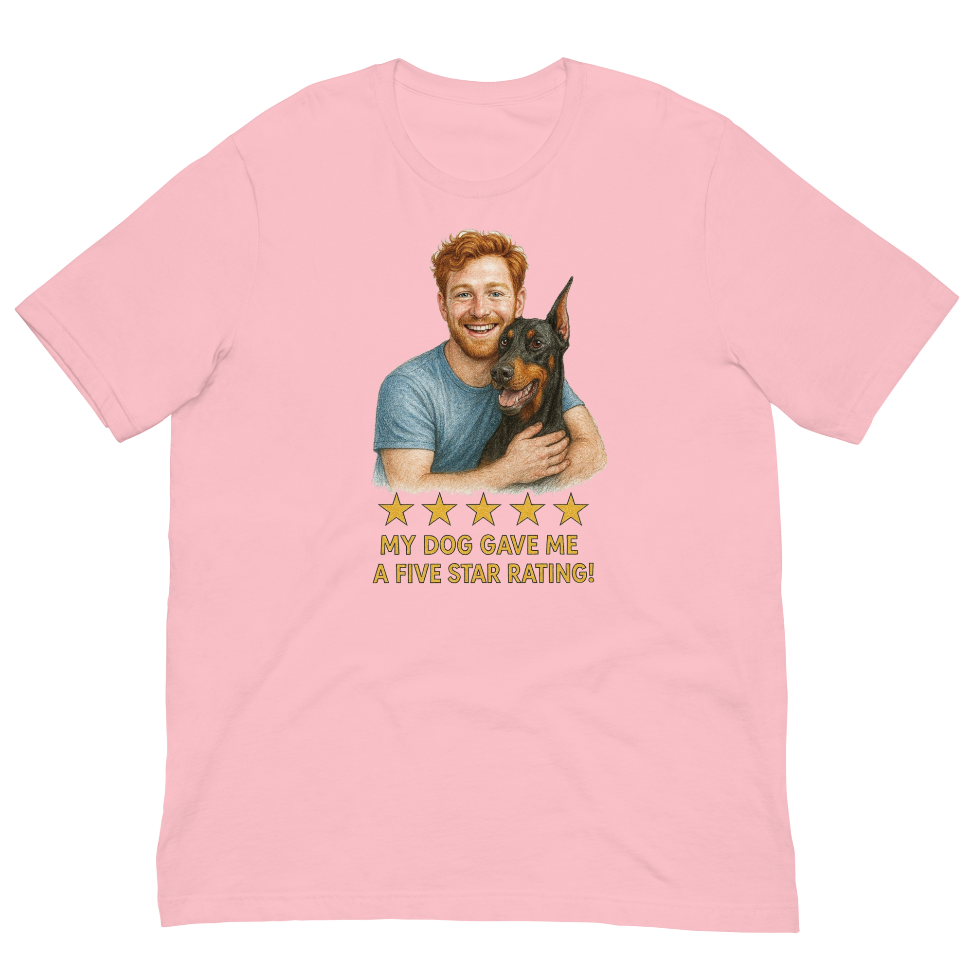 Red Hair Man with Doberman Pinscher graphic tee.