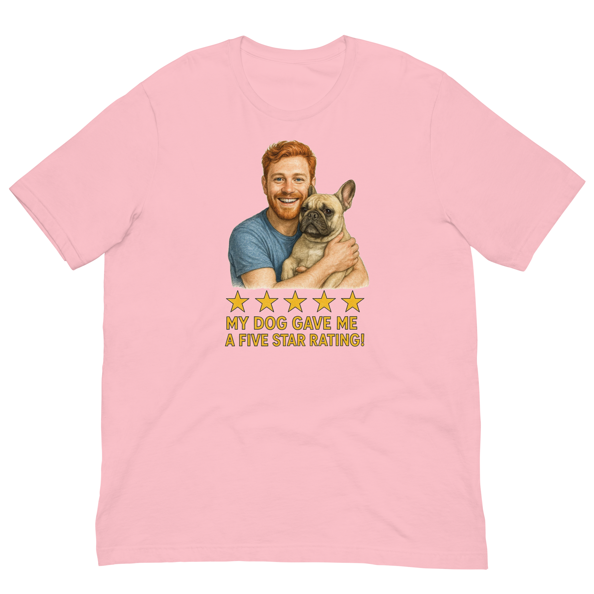 Red Hair Man with French Bulldog graphic tee.