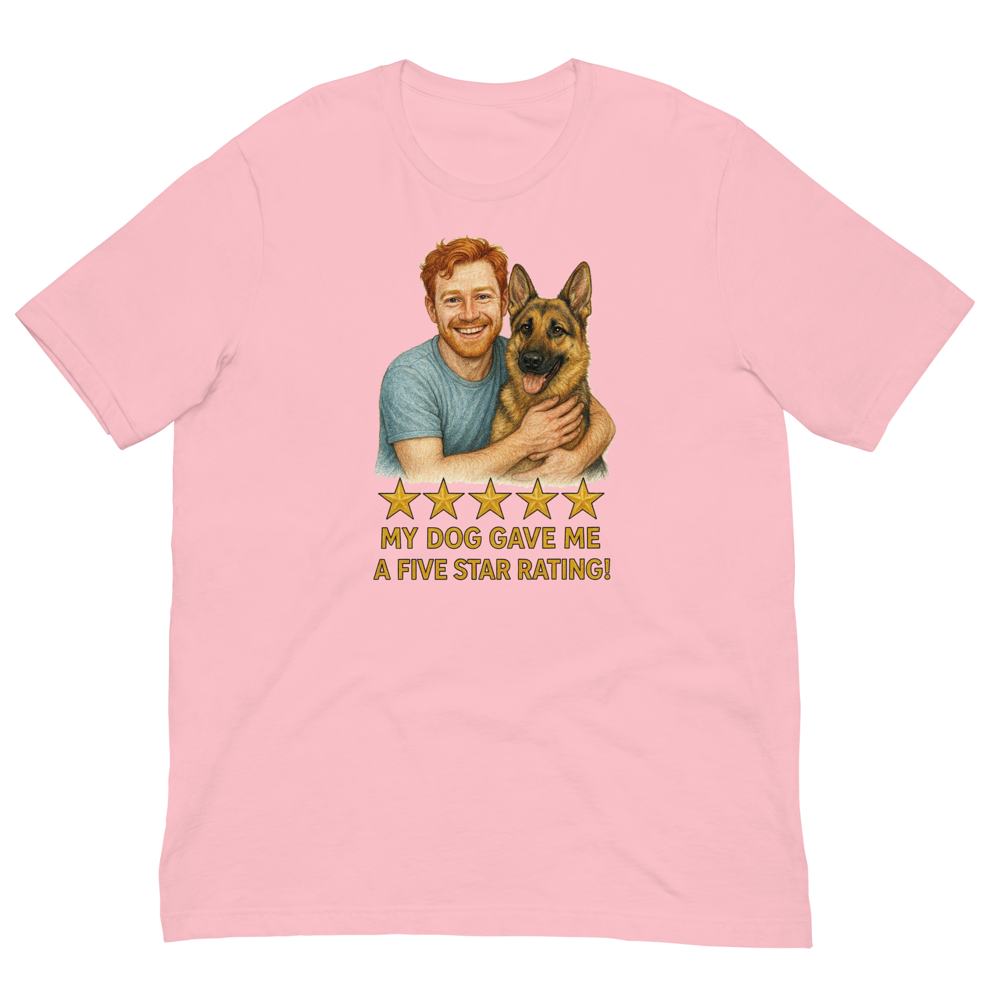 Red Hair Man with German Shepherd graphic tee.