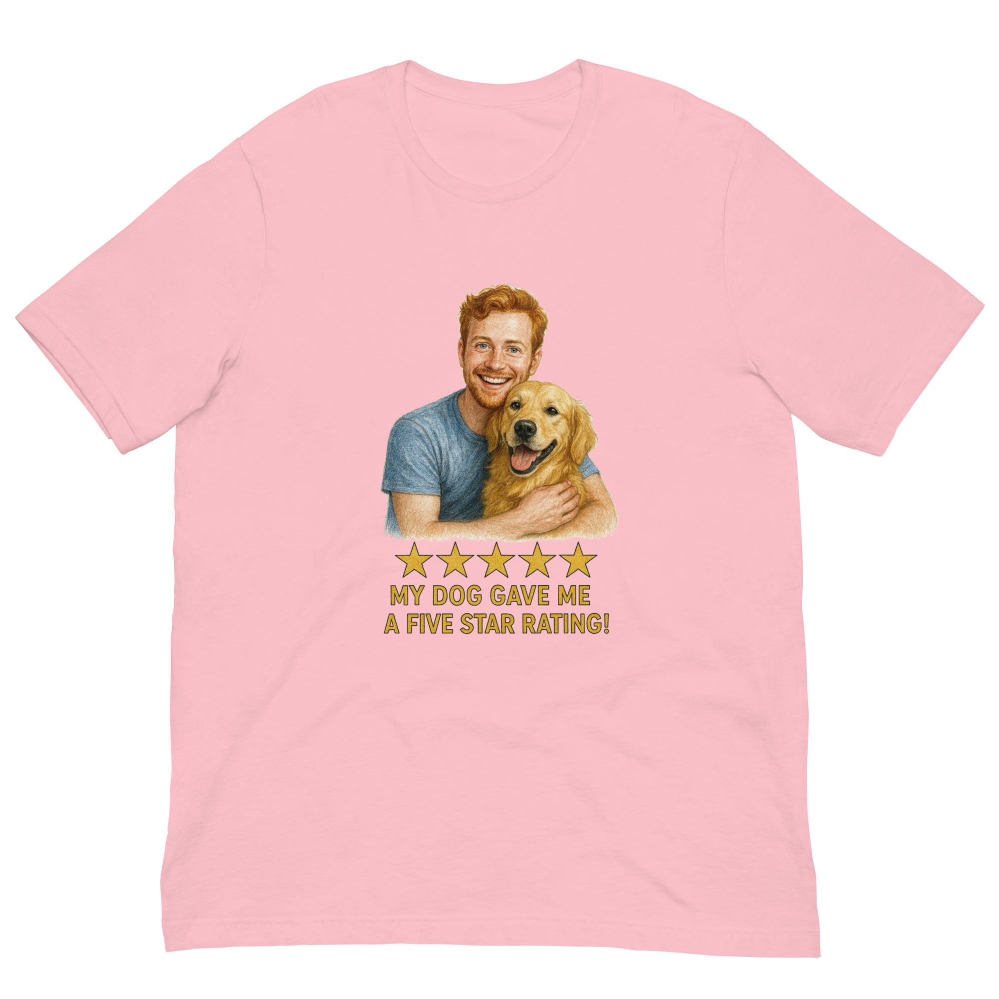 Red Hair Man with Golden Retriever graphic tee.