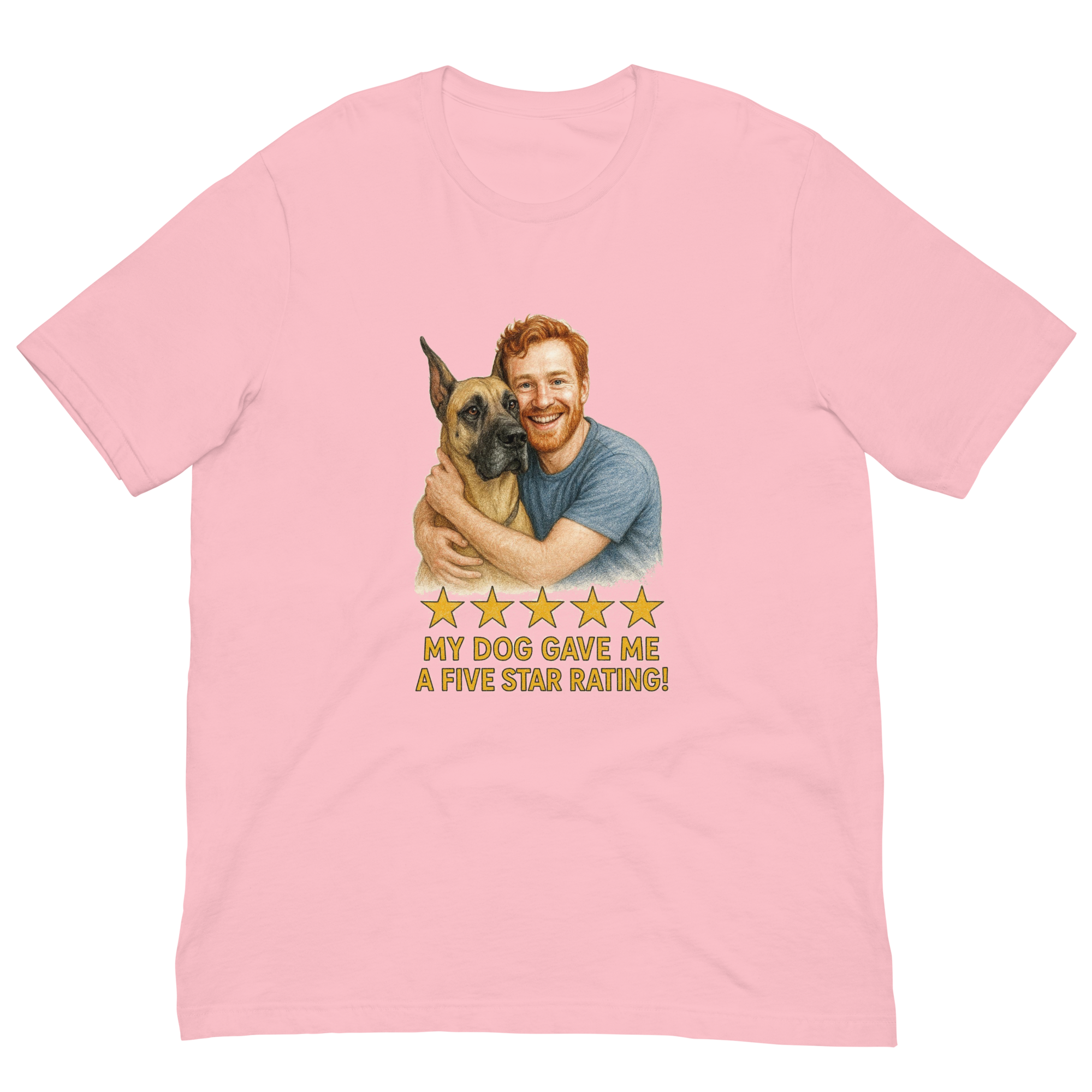 Red Hair Man with Great Dane graphic tee.