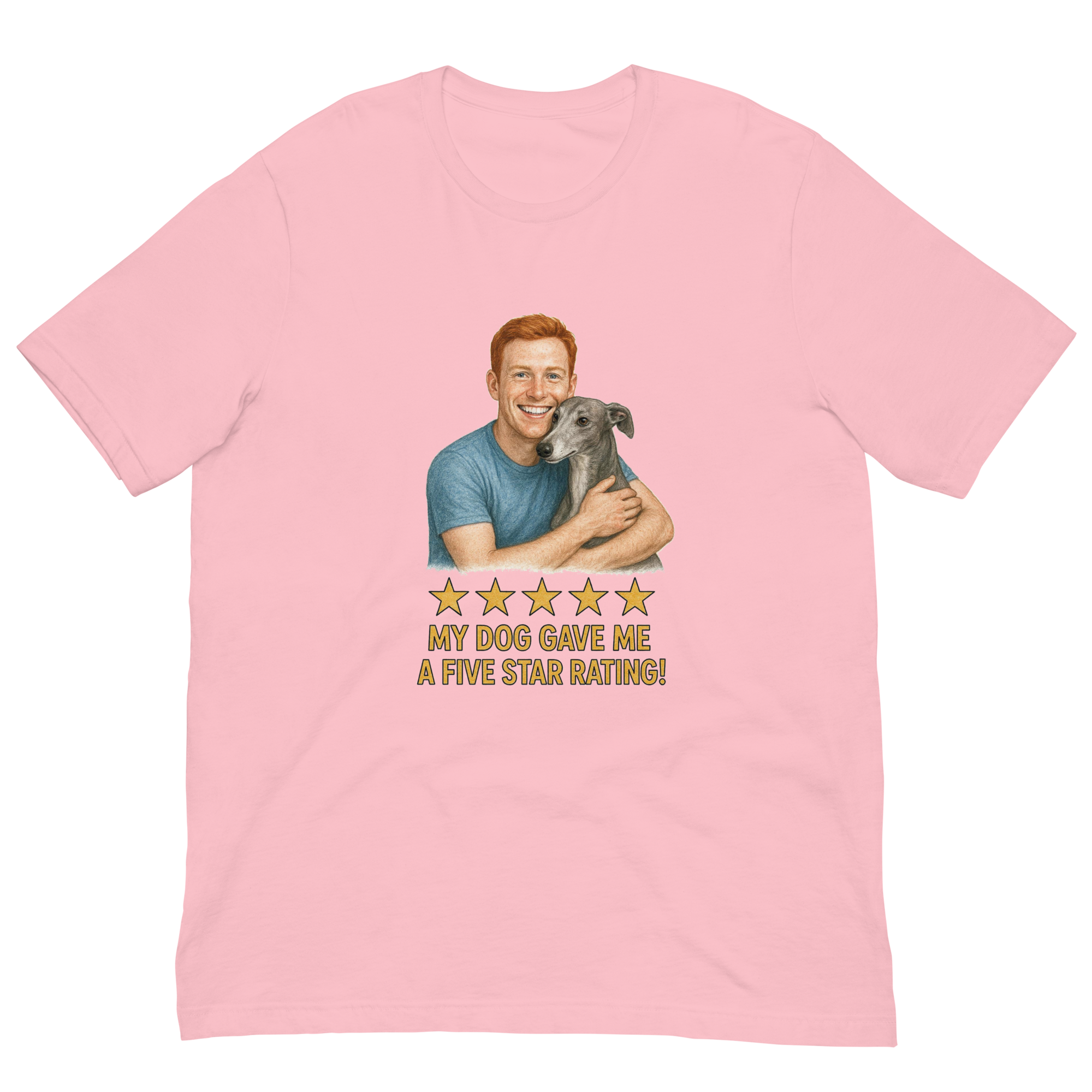 Red Hair Man with Greyhound graphic tee.