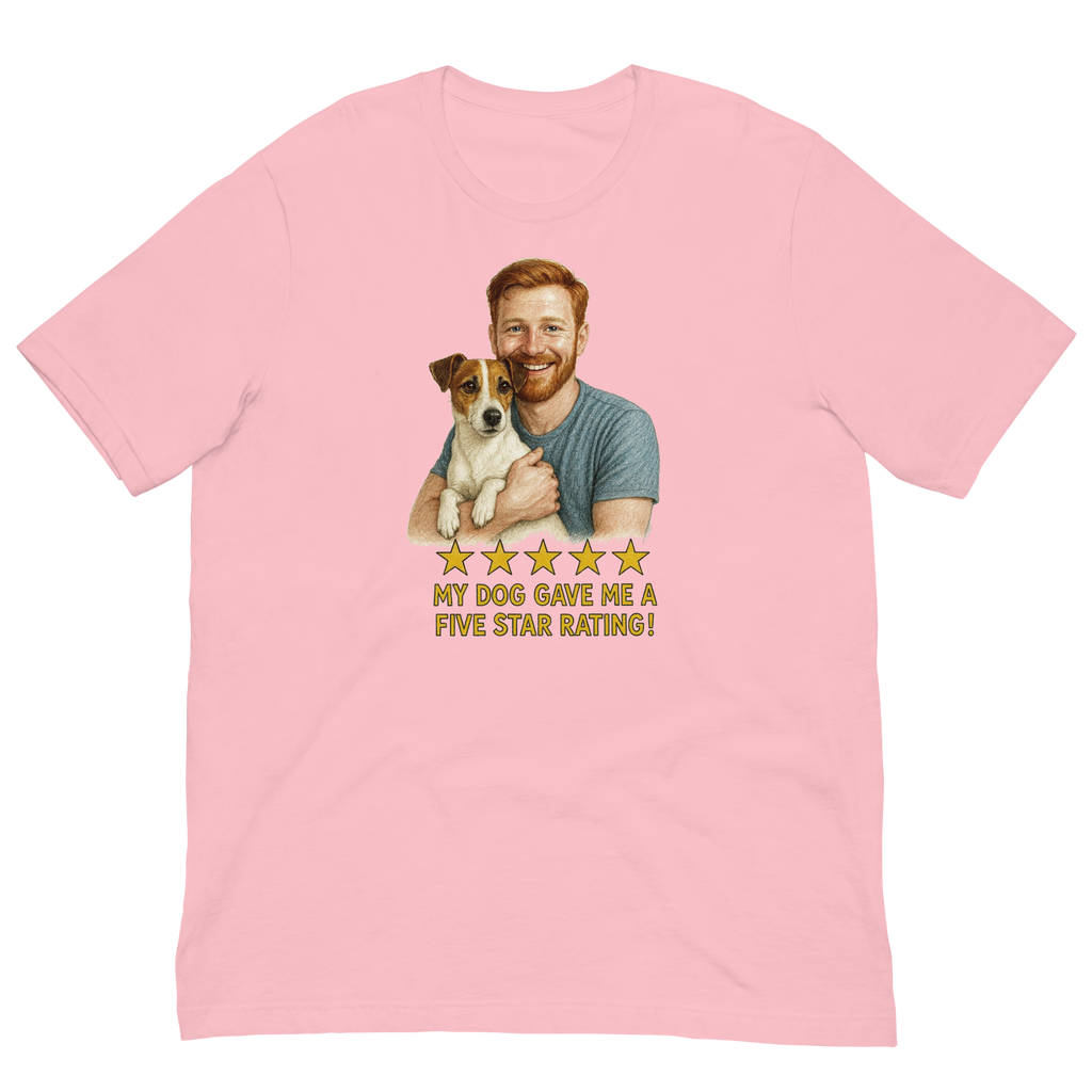 Red Hair Man with Jack Russell Terrier graphic tee.