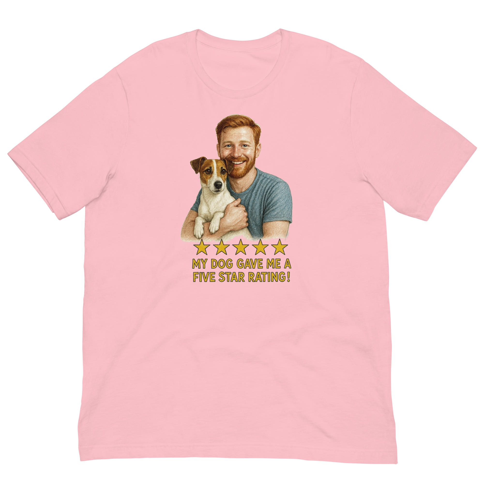 Red Hair Man with Jack Russell Terrier graphic tee.