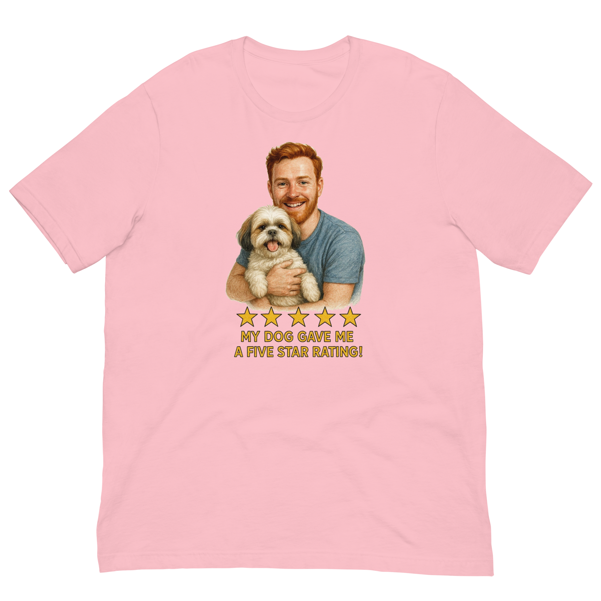 Red Hair Man with Shih Tzu graphic tee.