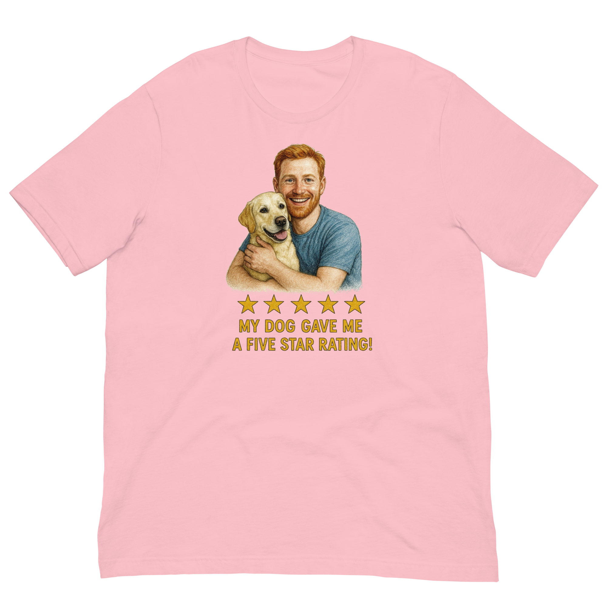 Red Hair Man with Yellow Labrador graphic tee.