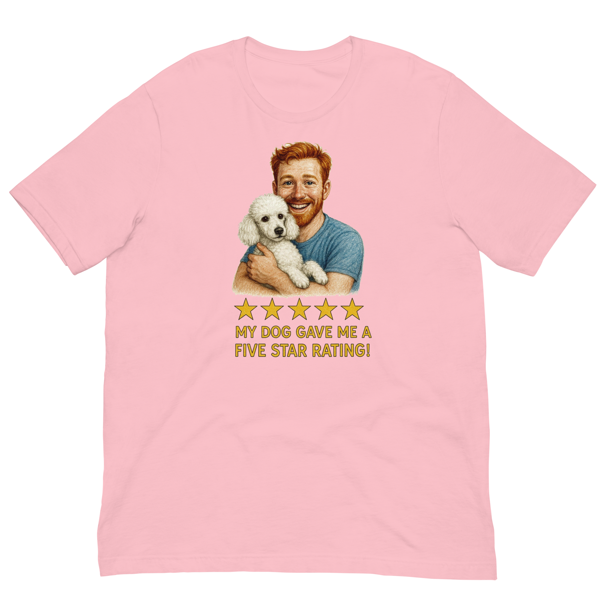 Red Hair Man with White Poodle graphic tee.
