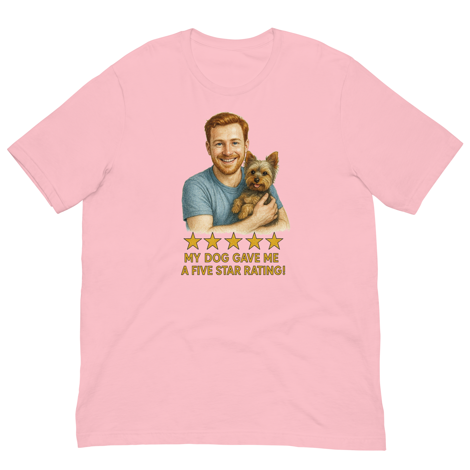 Red Hair Man with Yorkie graphic tee.