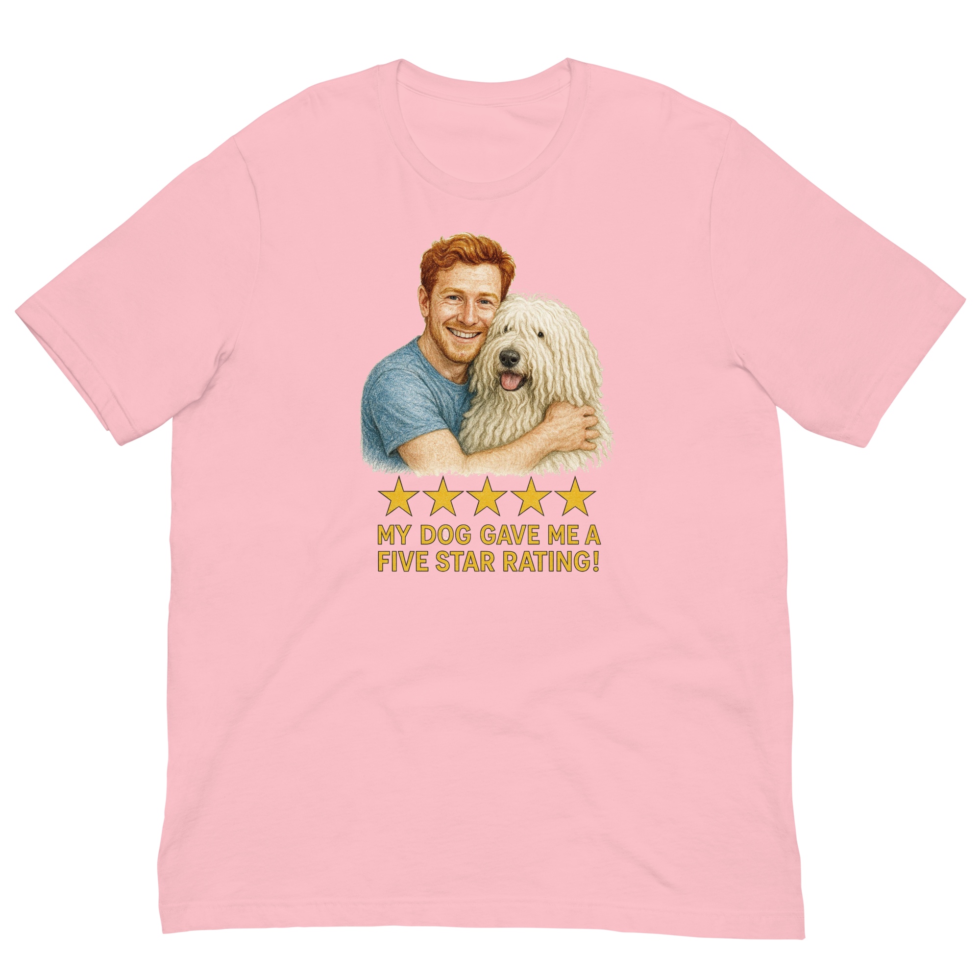 Red Hair Man with Komondor graphic tee.