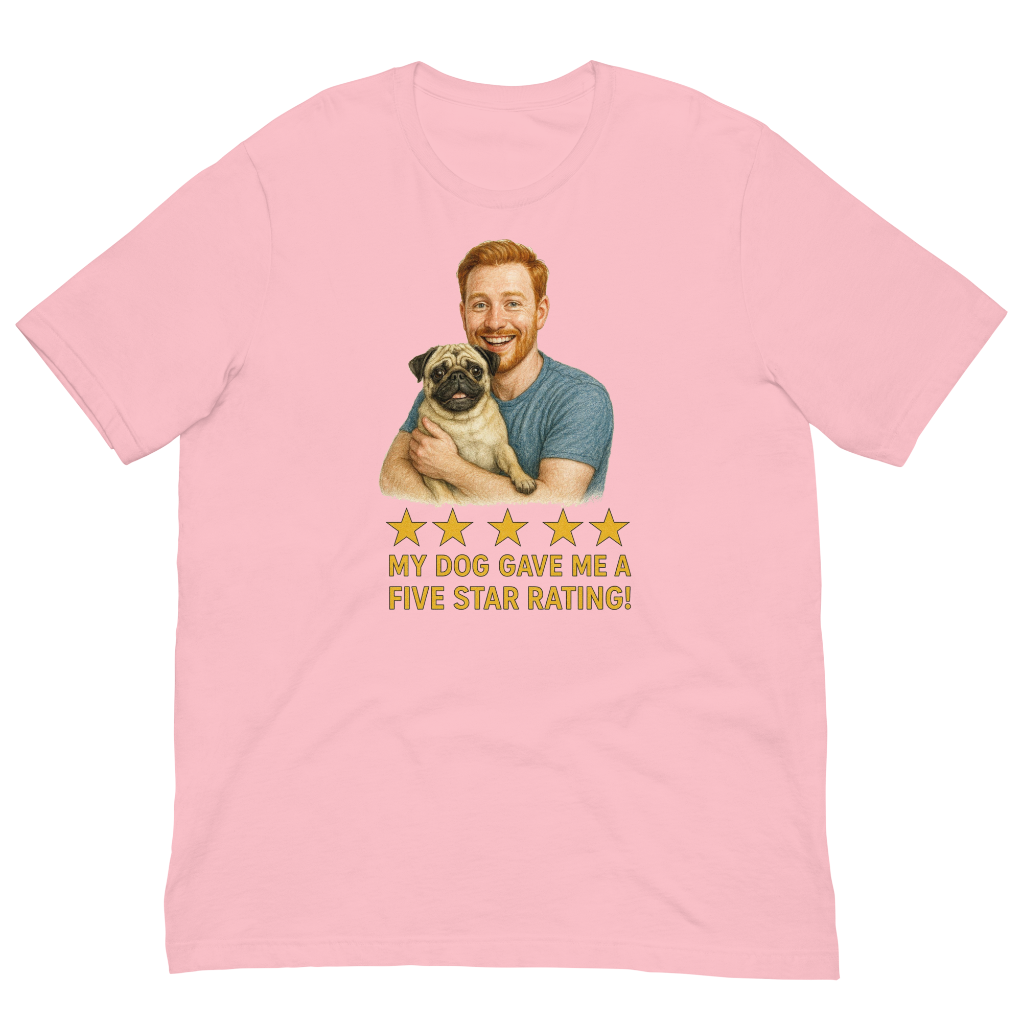 Red Hair Man with Pug graphic tee.