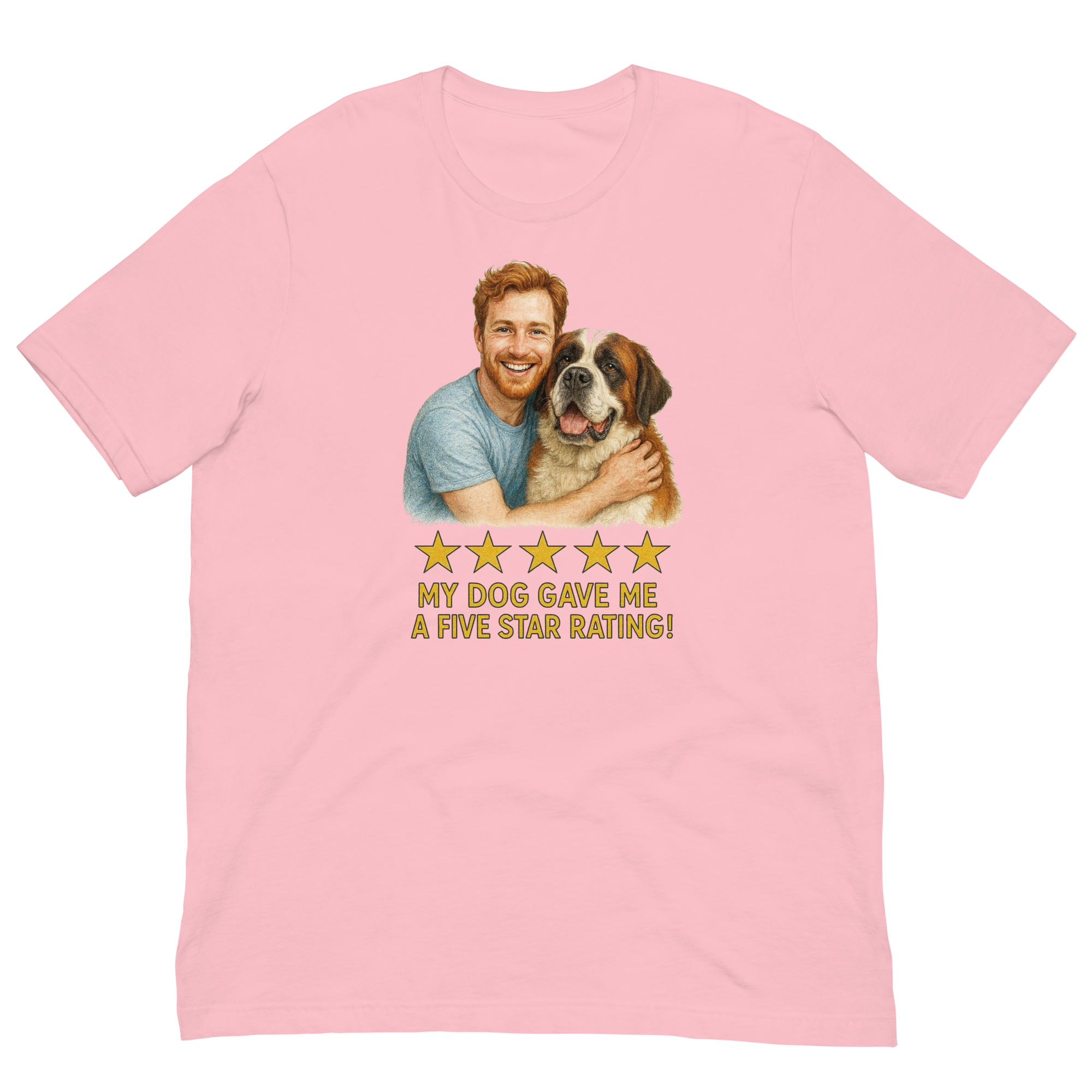 Red Hair Man with Saint Bernard graphic tee.