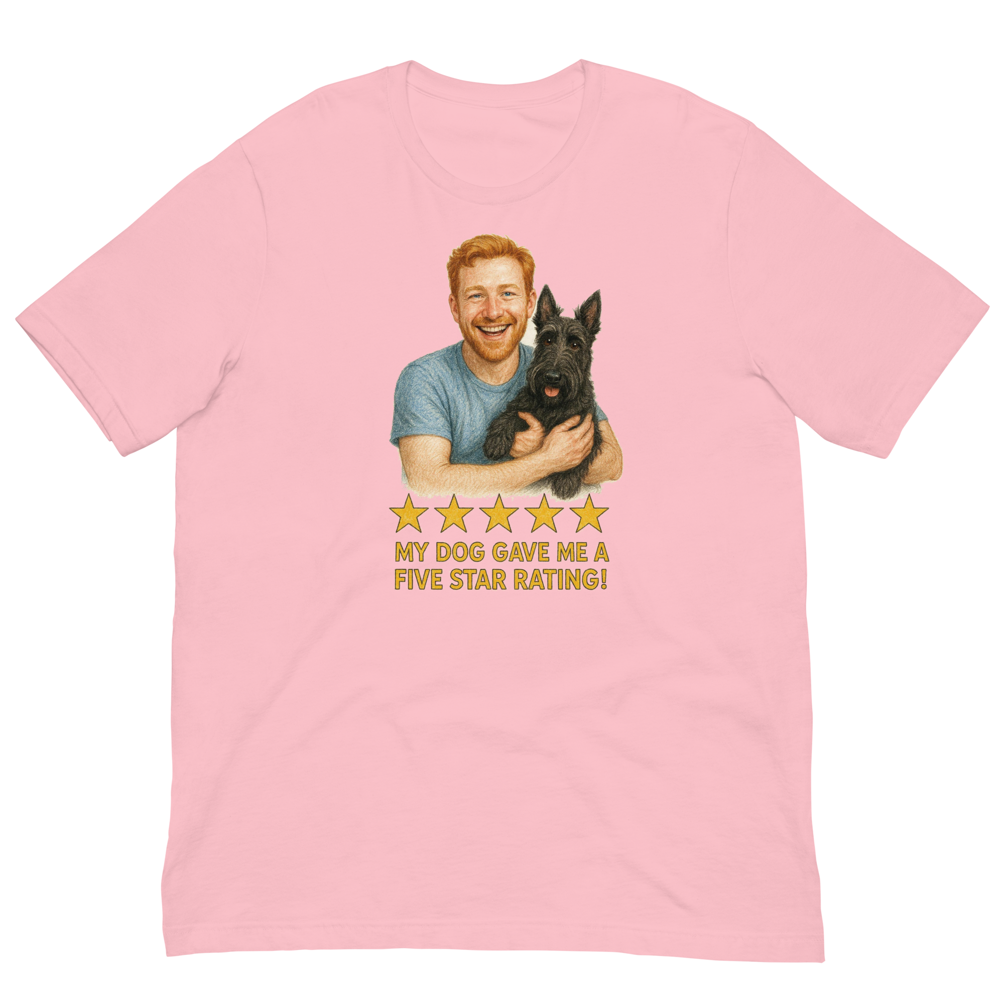 Red Hair Man with Scottie graphic tee.