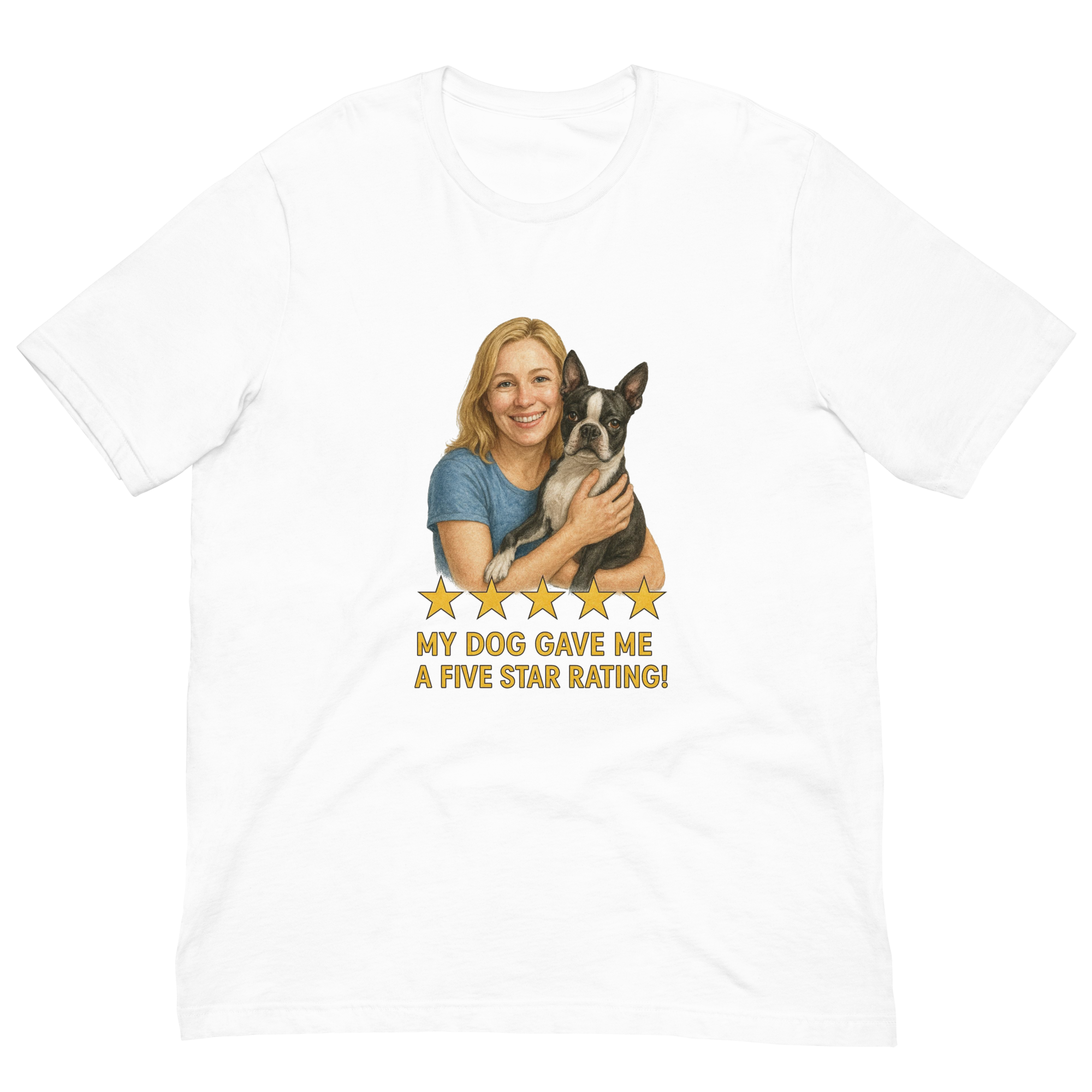Blonde Woman with Boston Terrier graphic tee - white