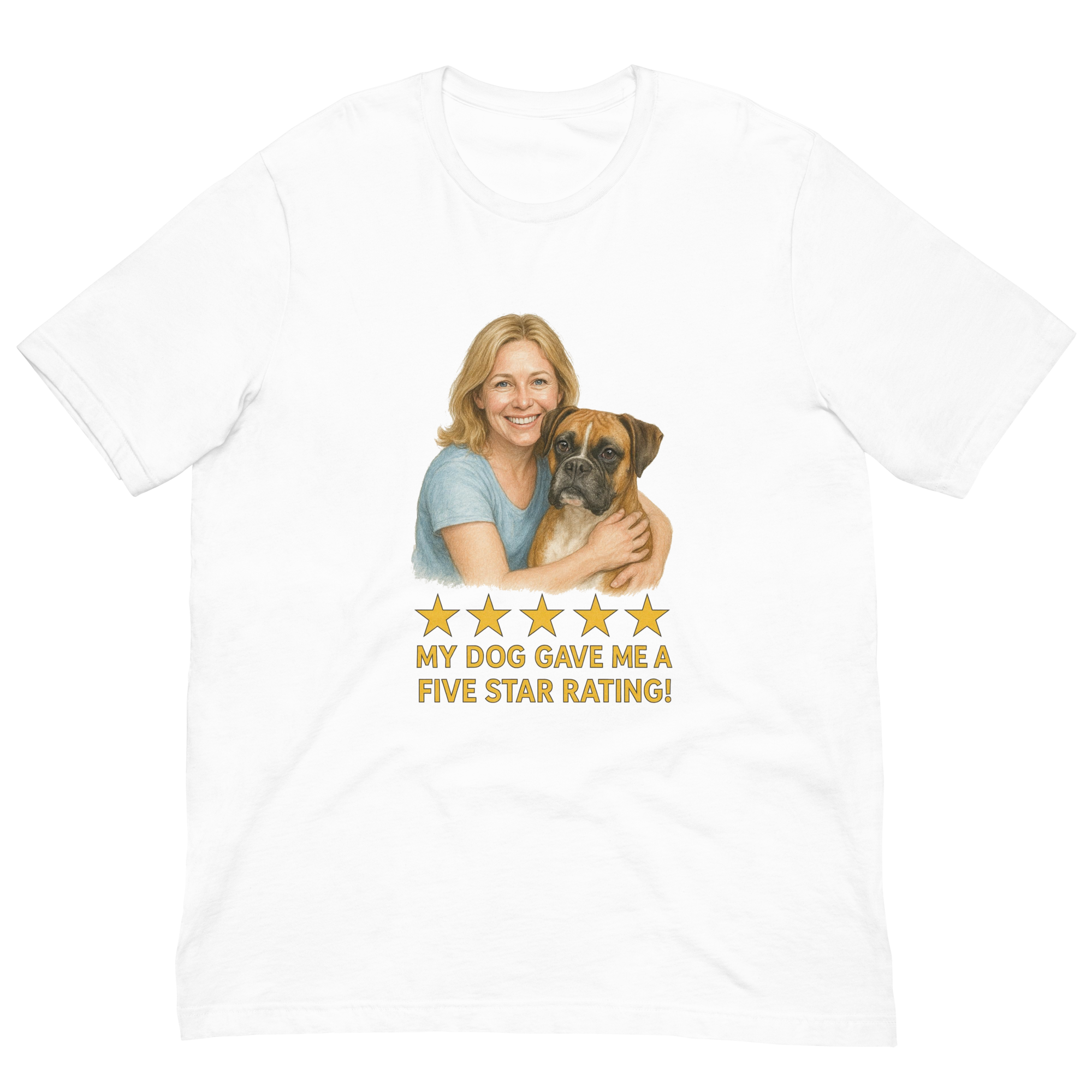 Blonde Woman with Boxer graphic tee - white