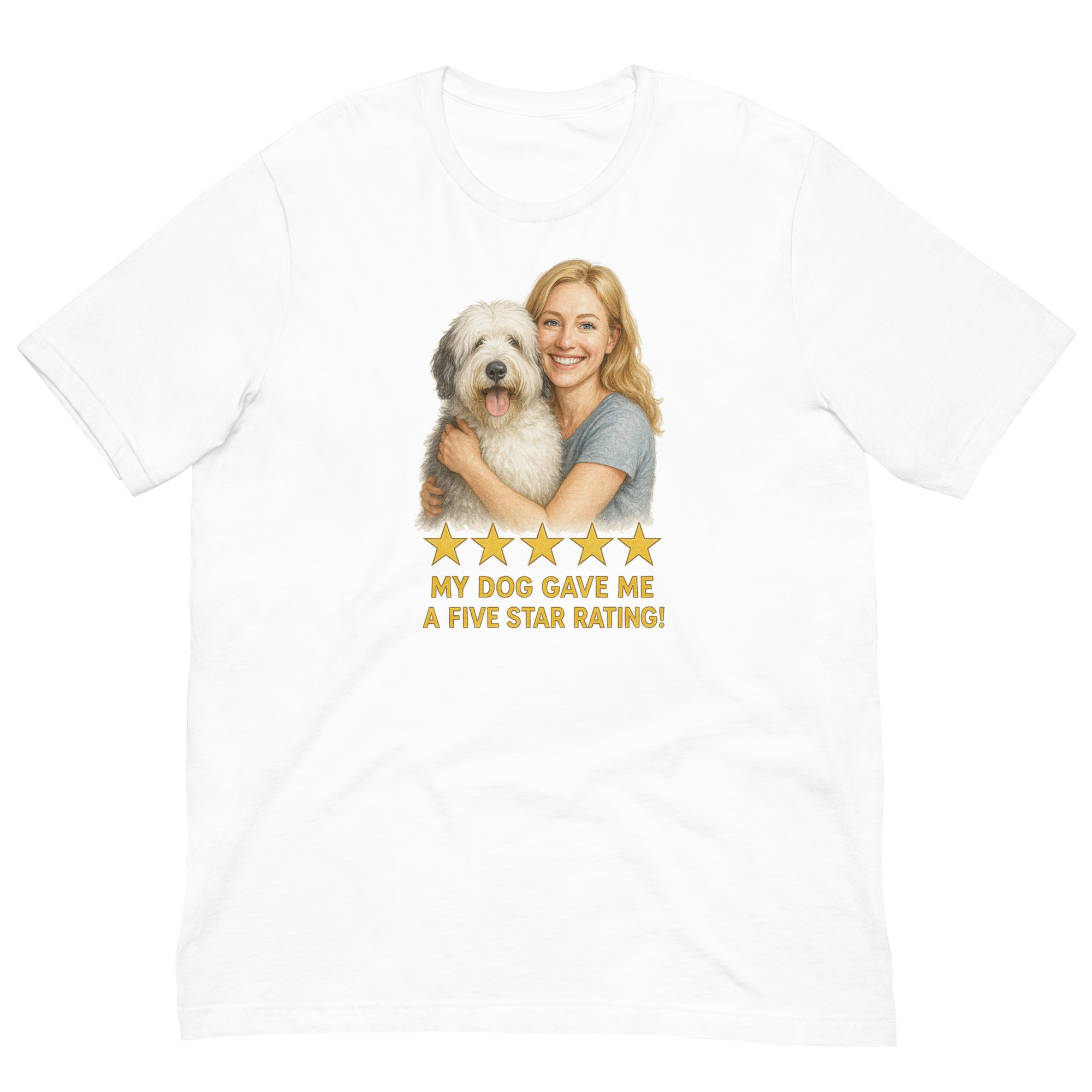 Blonde Woman with Sheepdog graphic tee - white