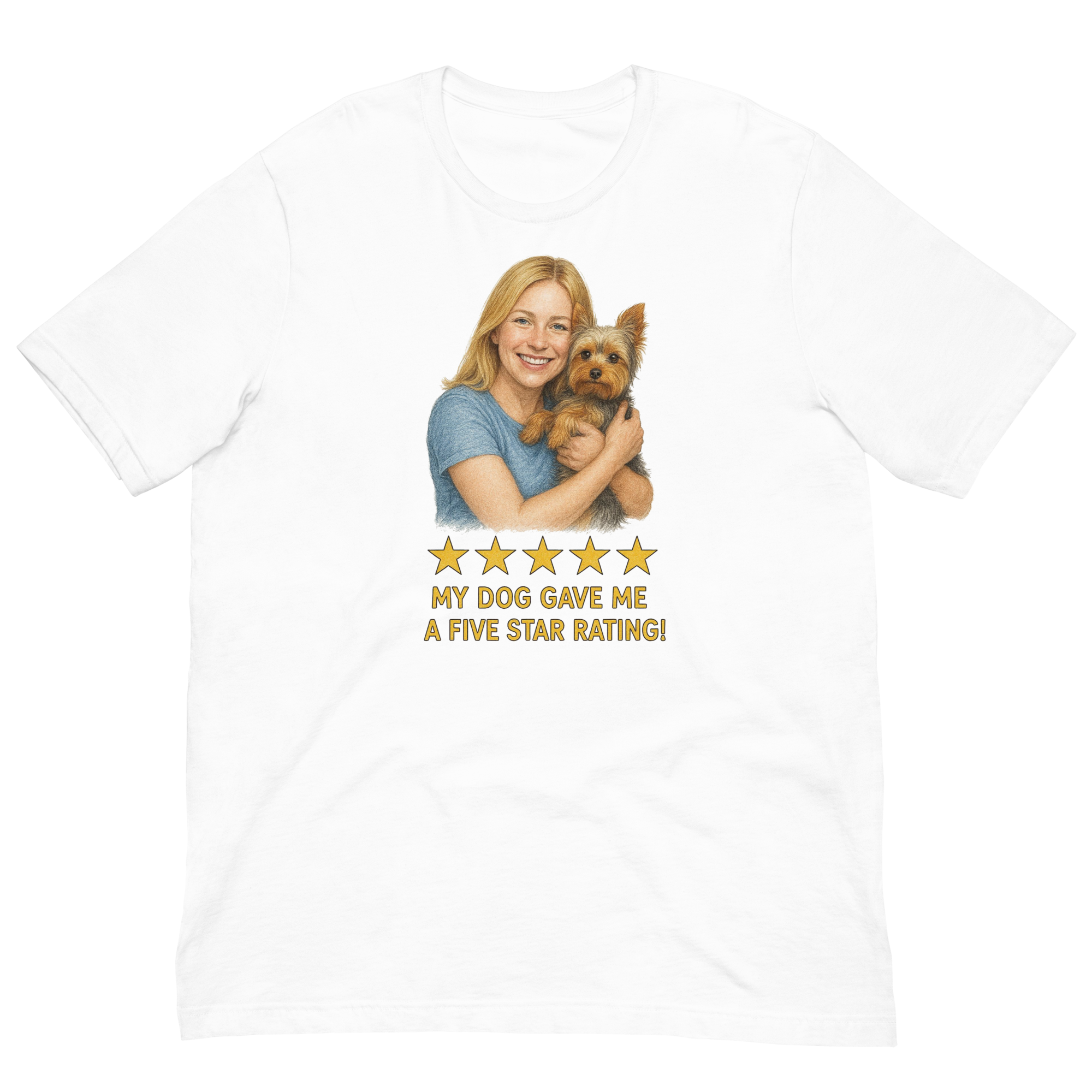 Blonde Woman with Yorkie graphic tee - white