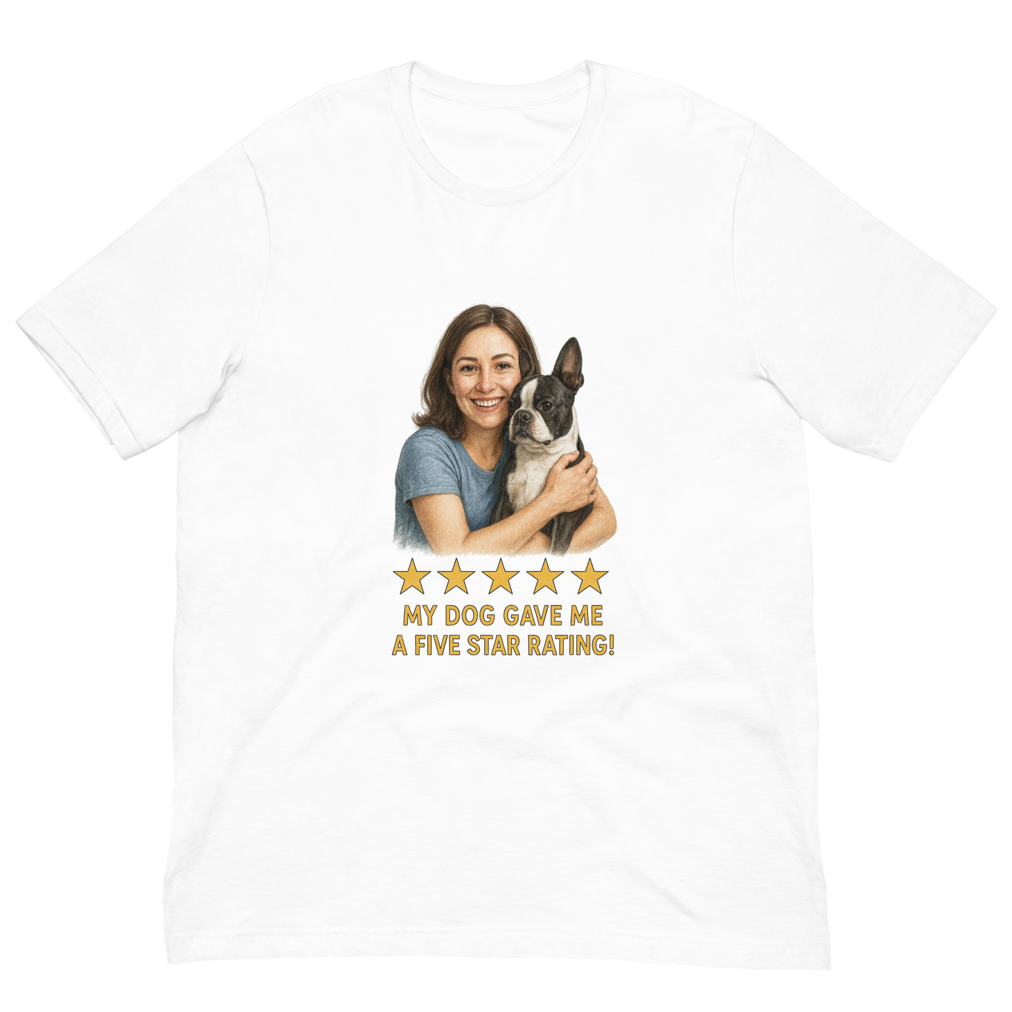 Brunette Woman with Boston Terrier graphic tee - white