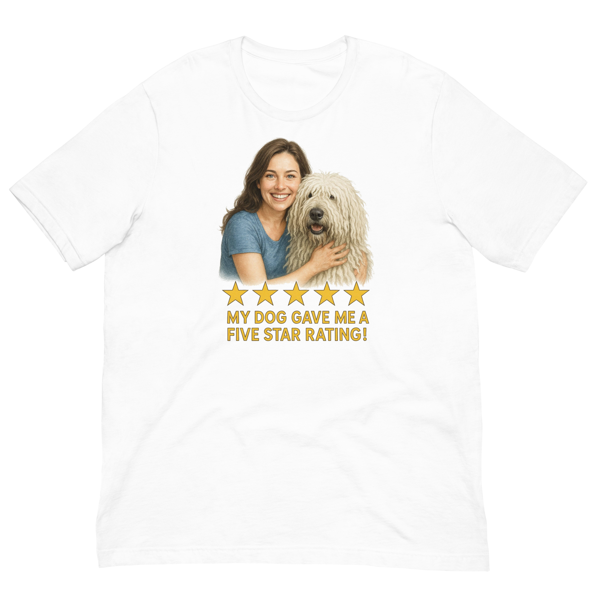 Brunette Woman with Komondor graphic tee - white