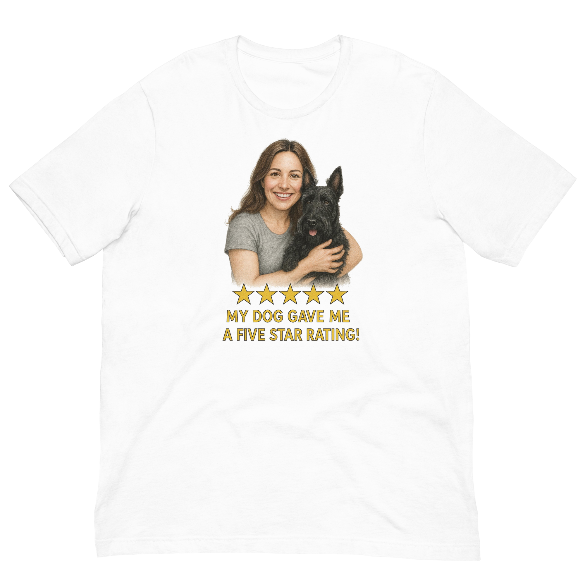Brunette Woman with Scottie graphic tee - white